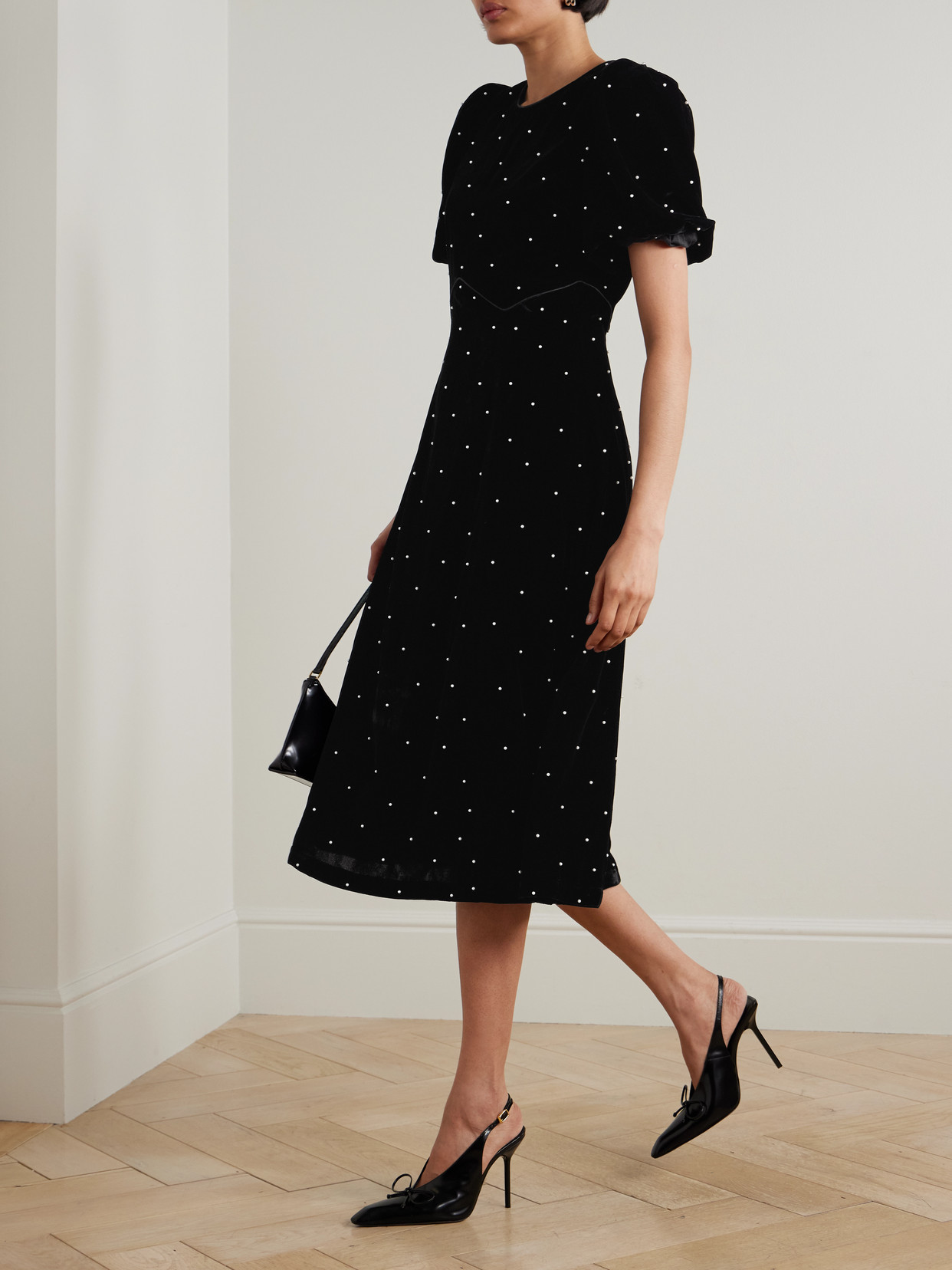 Sea Alberta Faux Pearl-embellished Velvet Midi Dress In Black