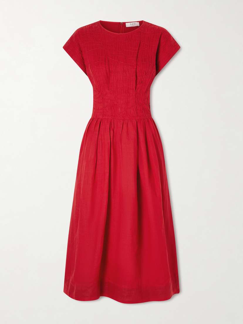 Sea Imogen Smocked Pleated Ramie Midi Dress