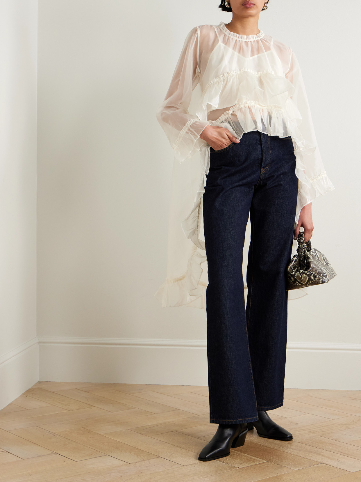 Sea Cornelia Asymmetric Ruffled Silk-organza Top In White