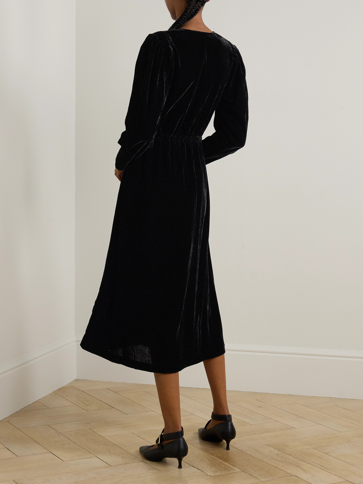 Sea Seraphine Velvet Long Sleeve Midi Dress Black In Black
