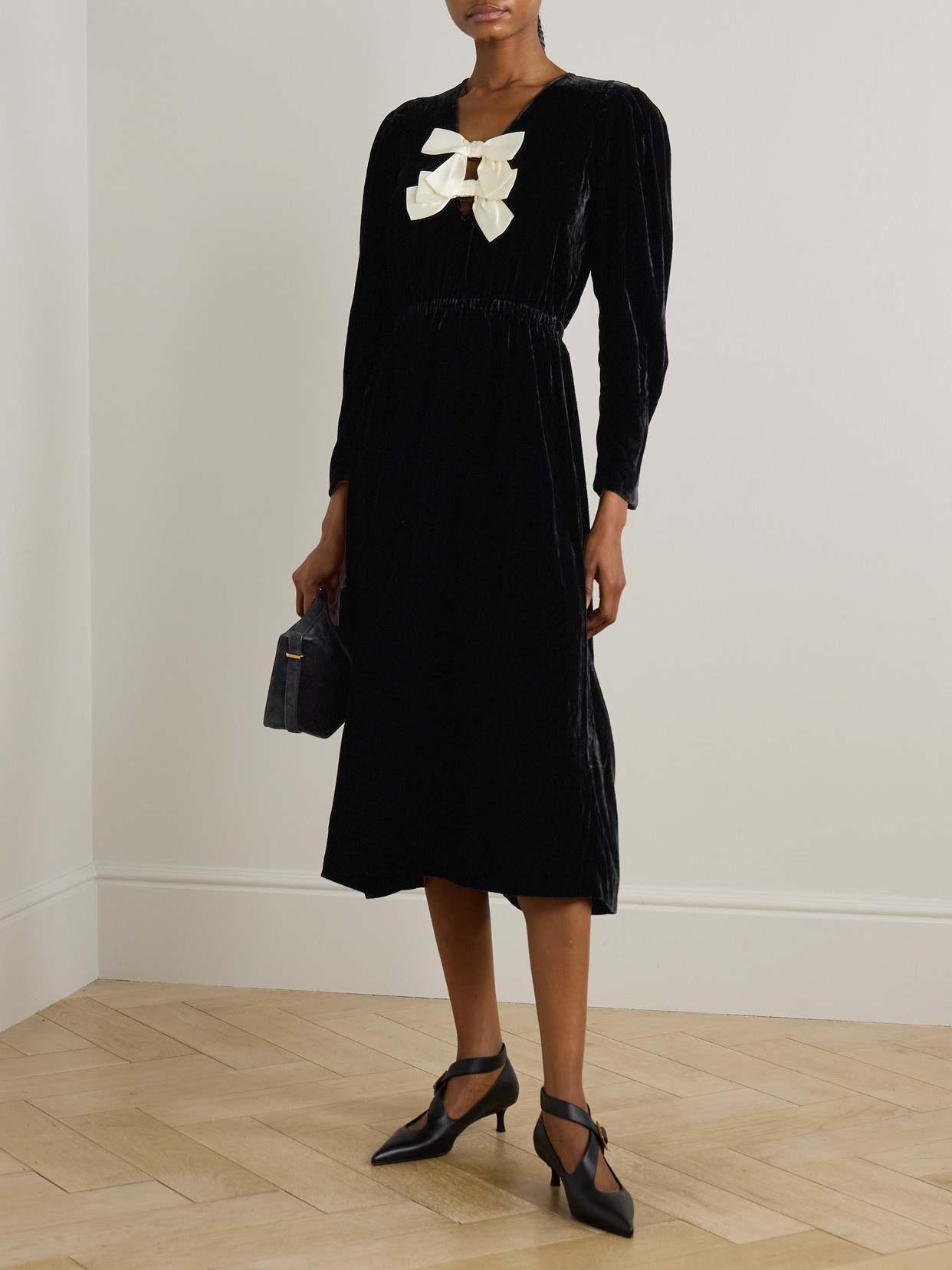 Sea Seraphine Velvet Long Sleeve Midi Dress Black In Black