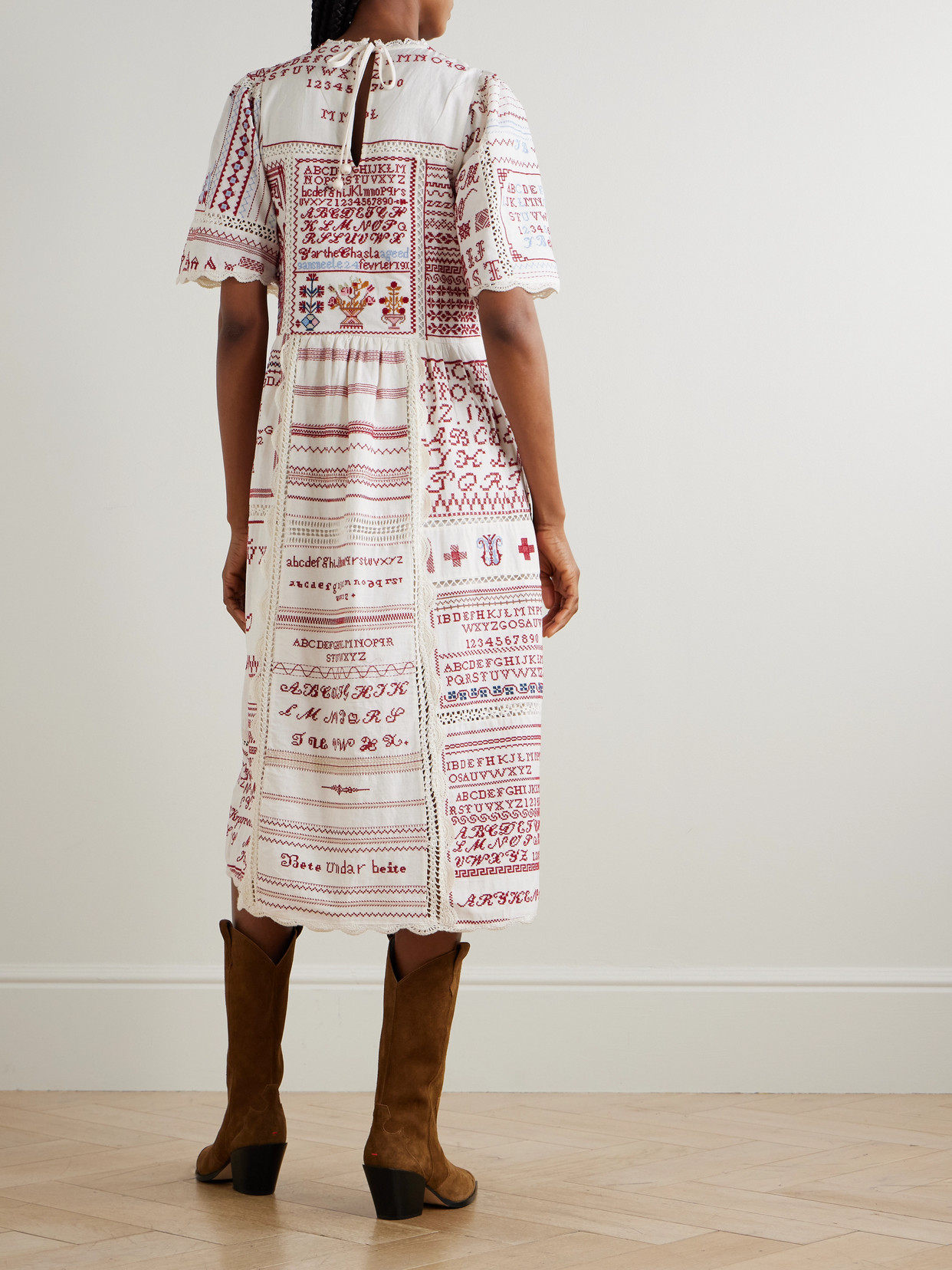 Sea Kit Scalloped Crochet-trimmed Embroidered Cotton And Linen-blend Midi Dress In Multi