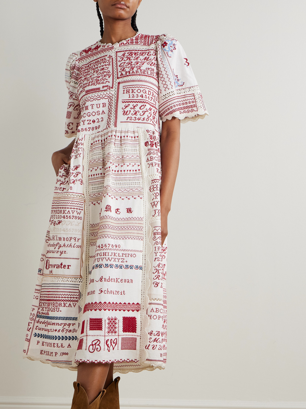 Sea Kit Scalloped Crochet-trimmed Embroidered Cotton And Linen-blend Midi Dress In Multi