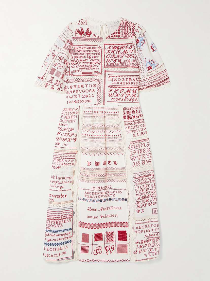 Sea Kit Scalloped Crochet-trimmed Embroidered Cotton And Linen-blend Midi Dress