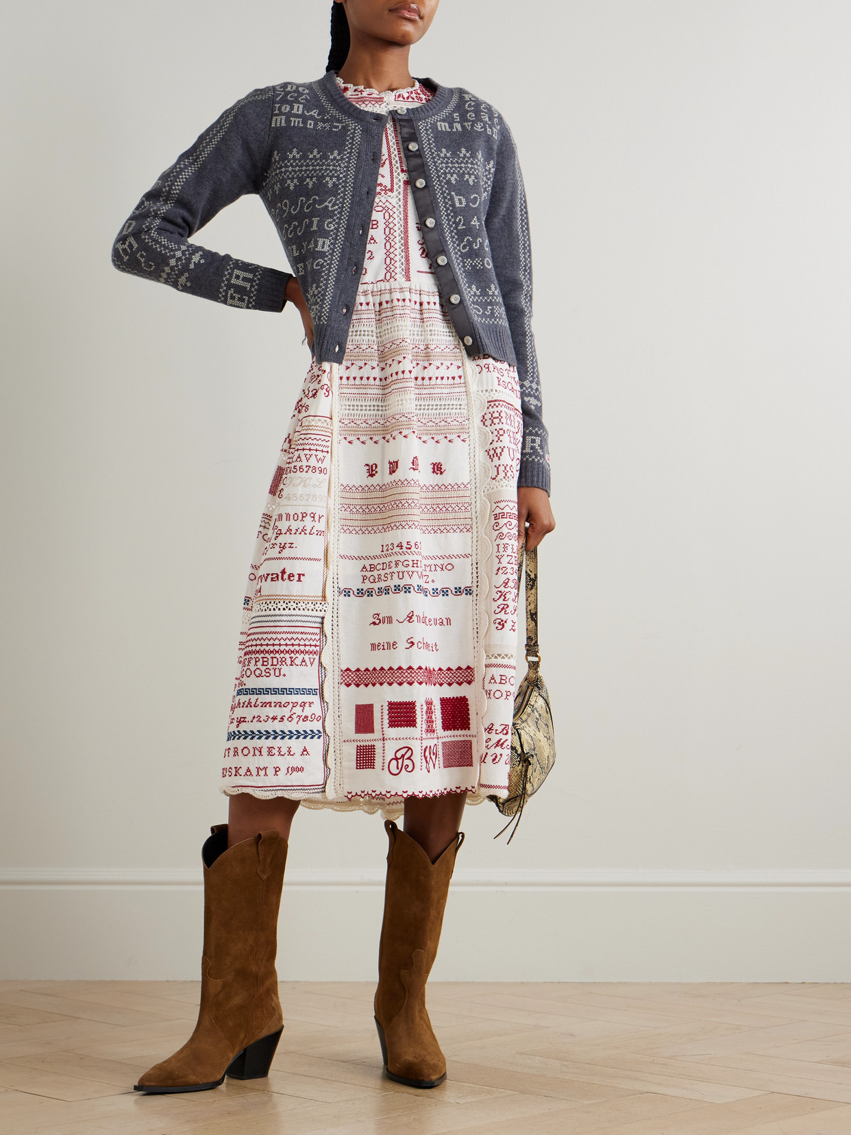 Sea Kit Scalloped Crochet-trimmed Embroidered Cotton And Linen-blend Midi Dress In Multi