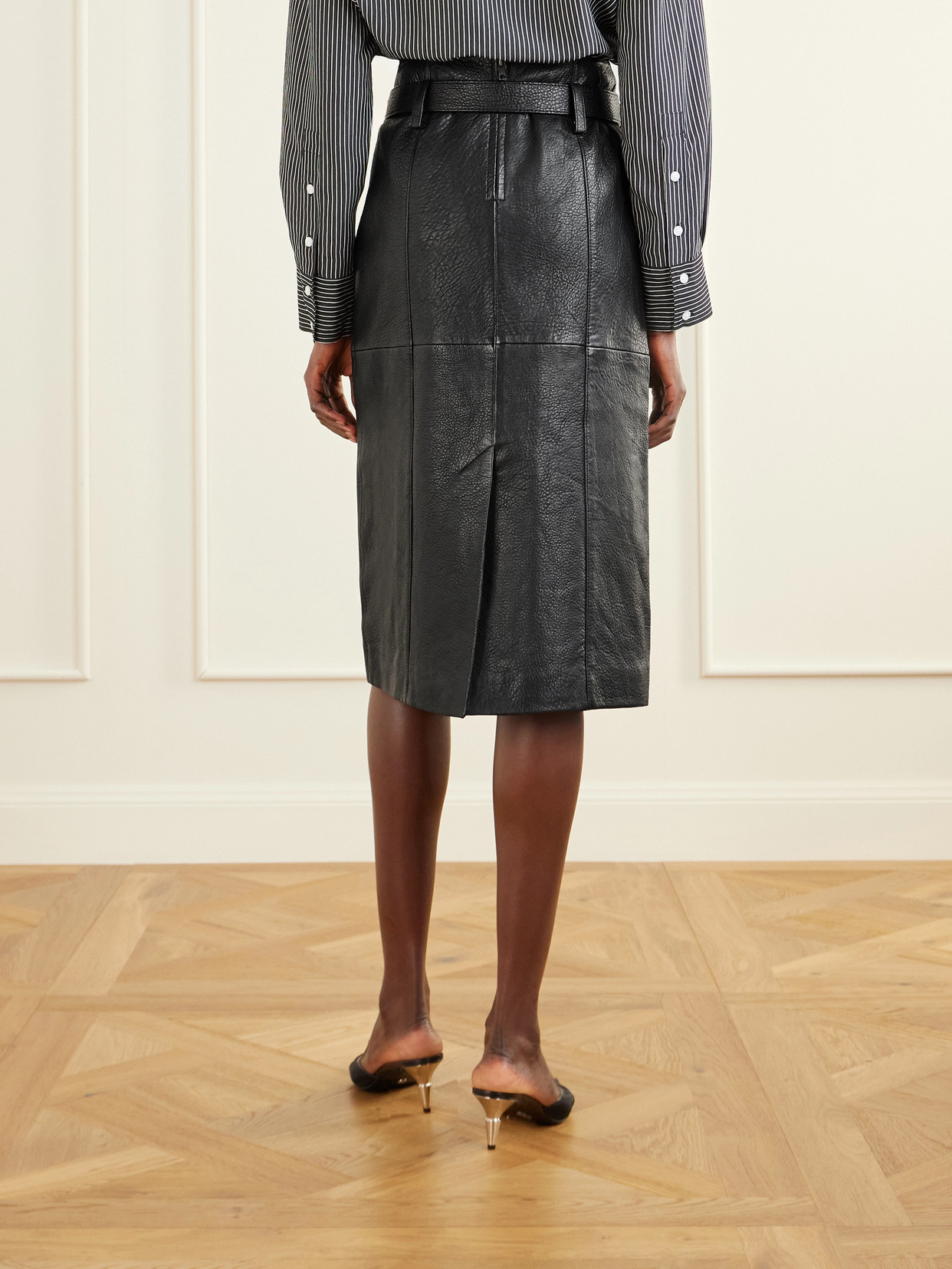 Gwen Belted Paneled Textured-Leather Midi