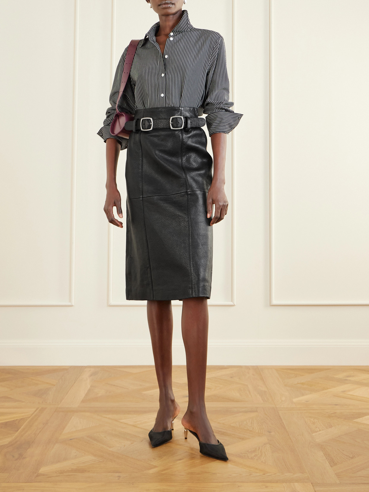 Gwen Belted Paneled Textured-Leather Midi