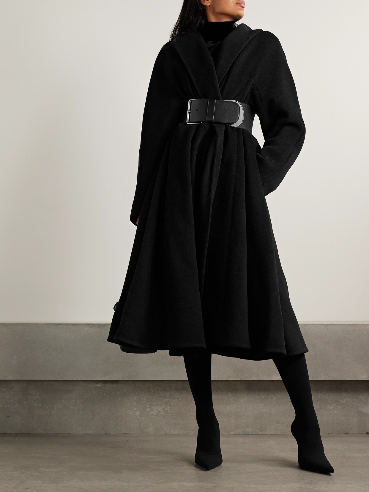 Balenciaga Belted Brushed Wool-blend Coat In Black