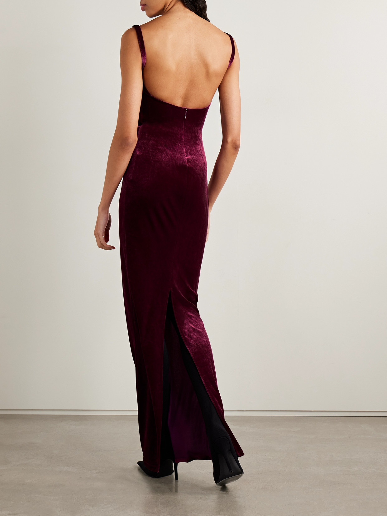 Balenciaga Velvet Backless Column Gown In Burgundy