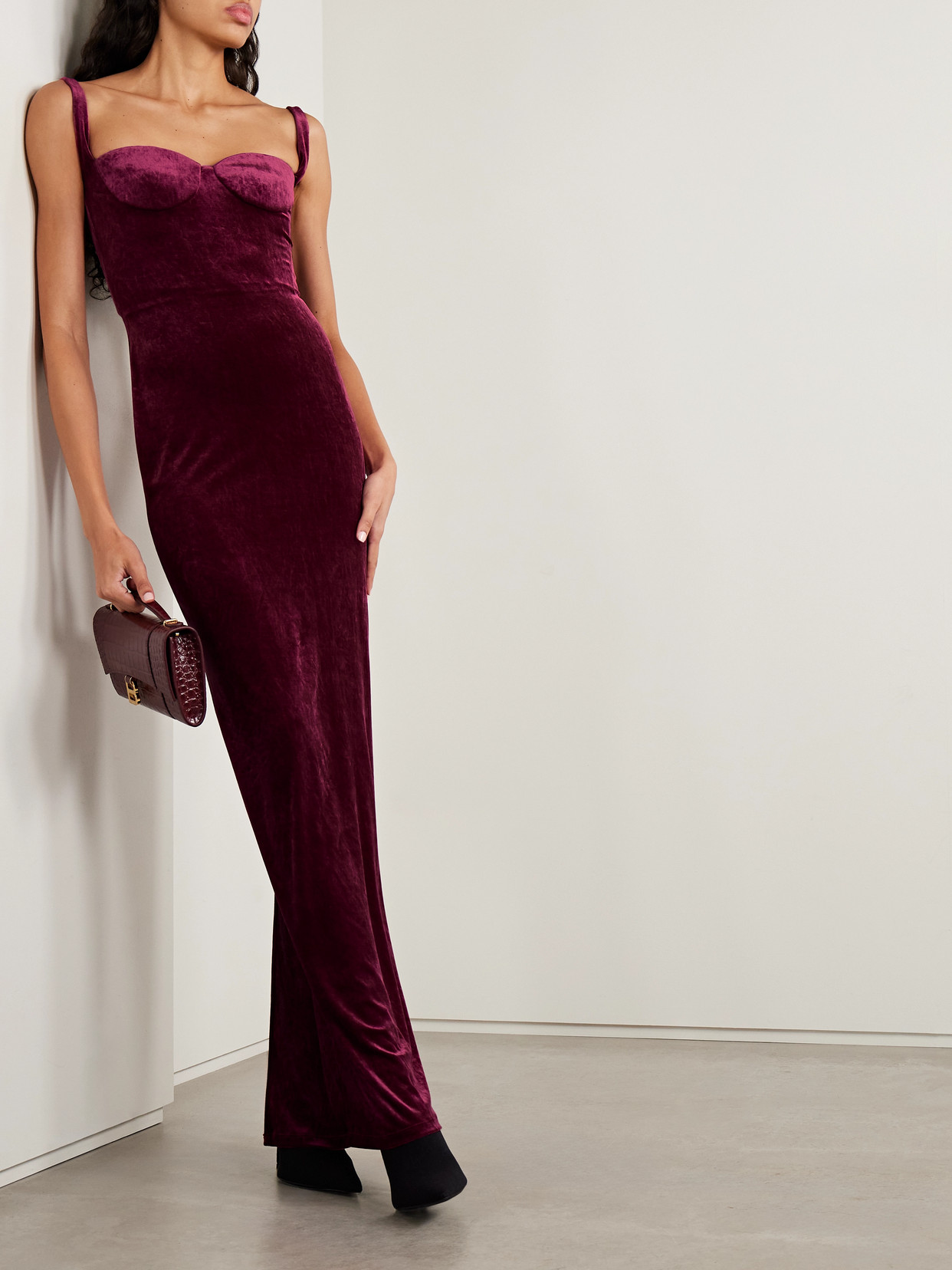 Balenciaga Velvet Backless Column Gown In Burgundy
