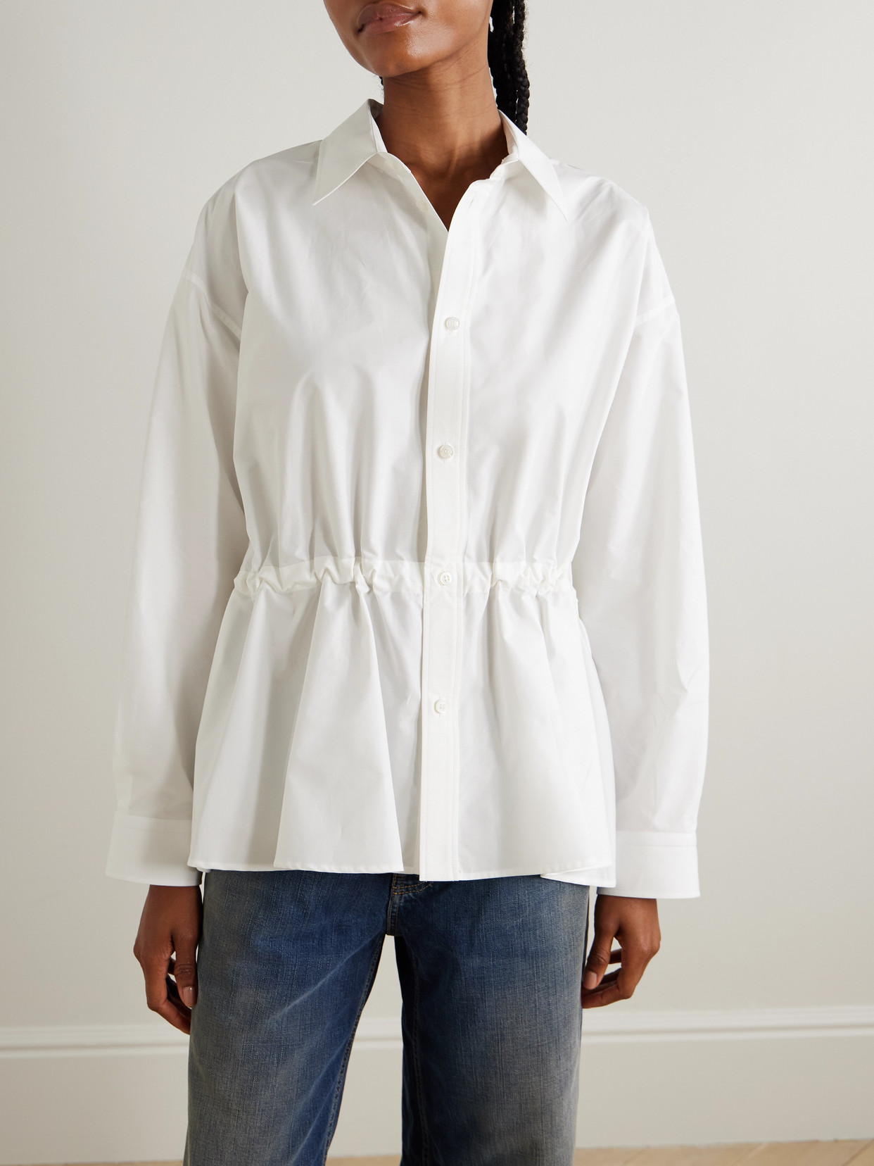 Hourglass Gathered Cotton-Poplin Shirt