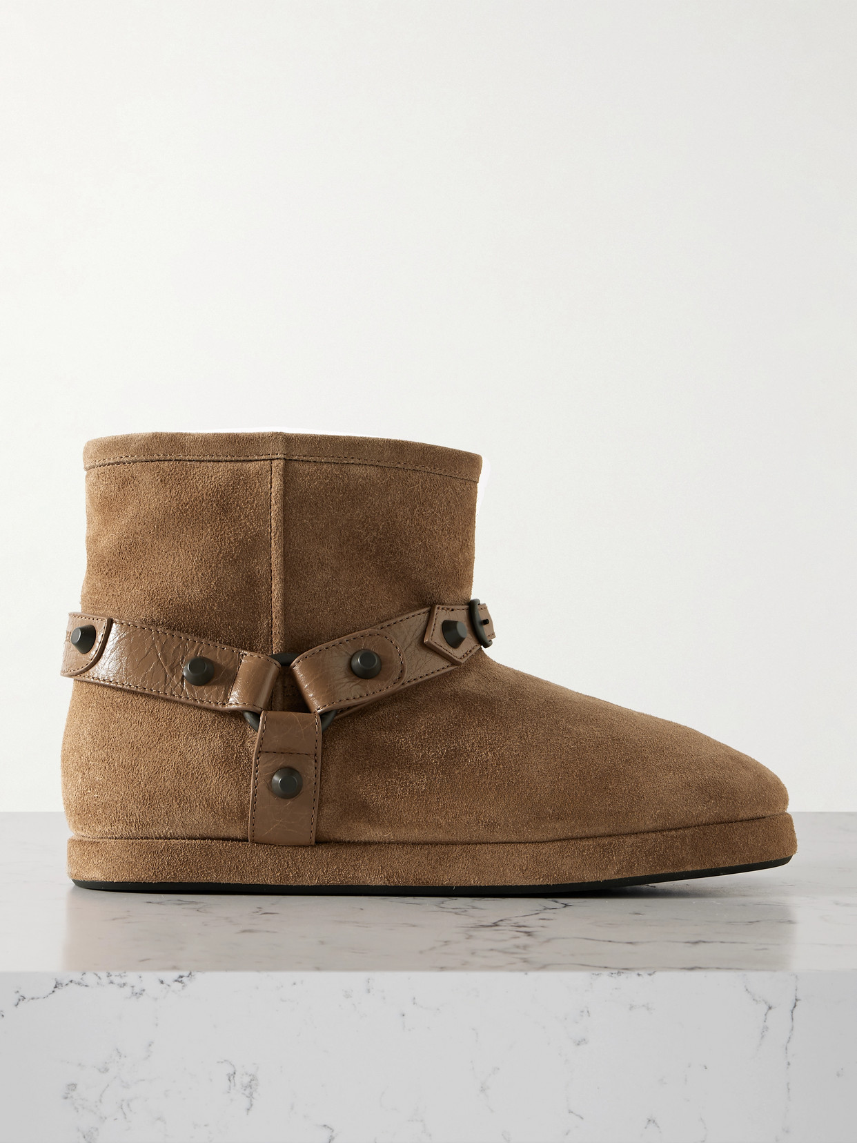 Balenciaga Alaska Studded Leather-trimmed Fleece-lined Suede Ankle Boots In Brown