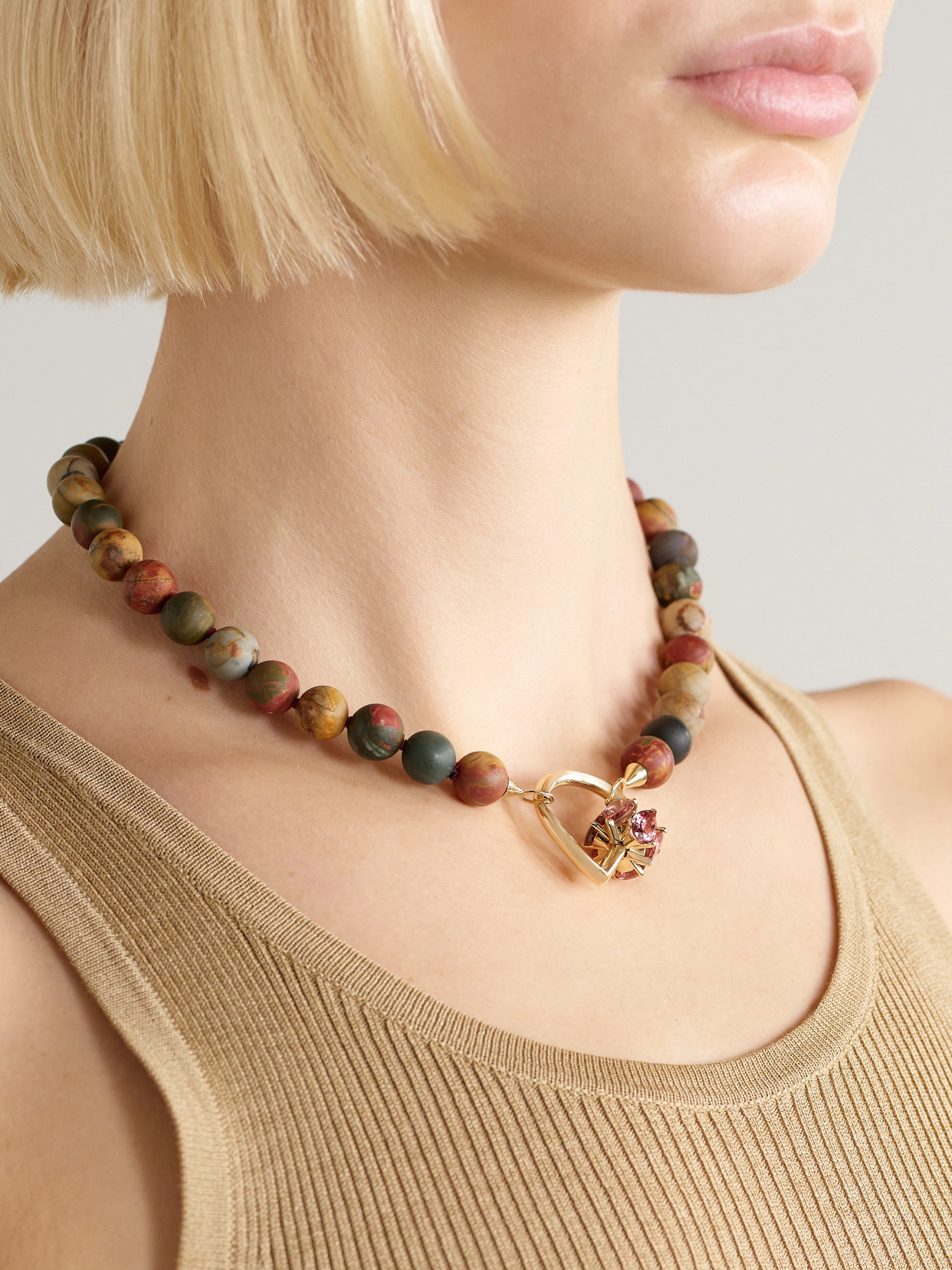 Marla Aaron Stoned Chubby Droplock 14-karat Gold, Jasper And Tourmaline Necklace In Gold