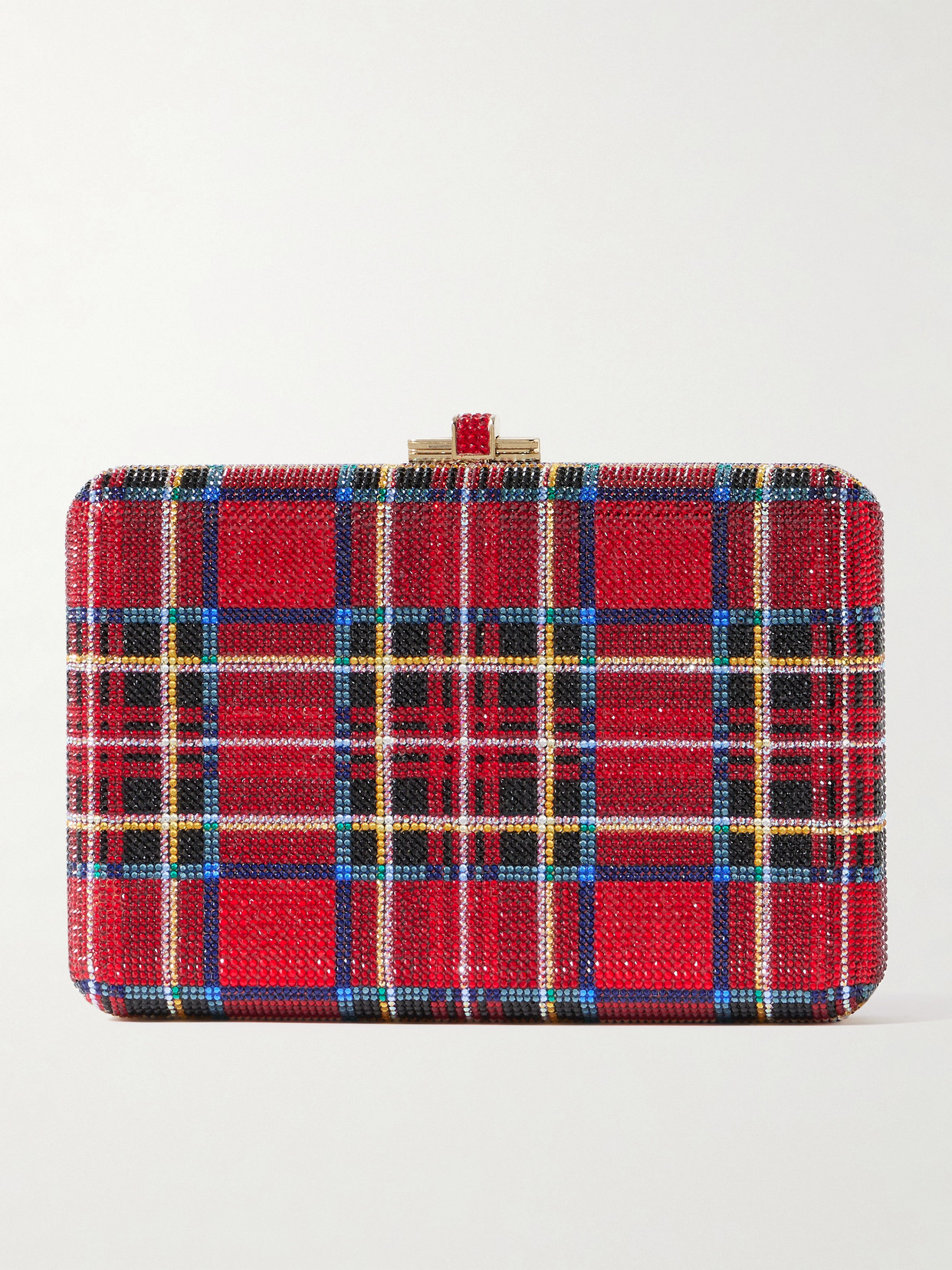 Judith Leiber Tartan Crystal-embellished Gold-tone Clutch In Red