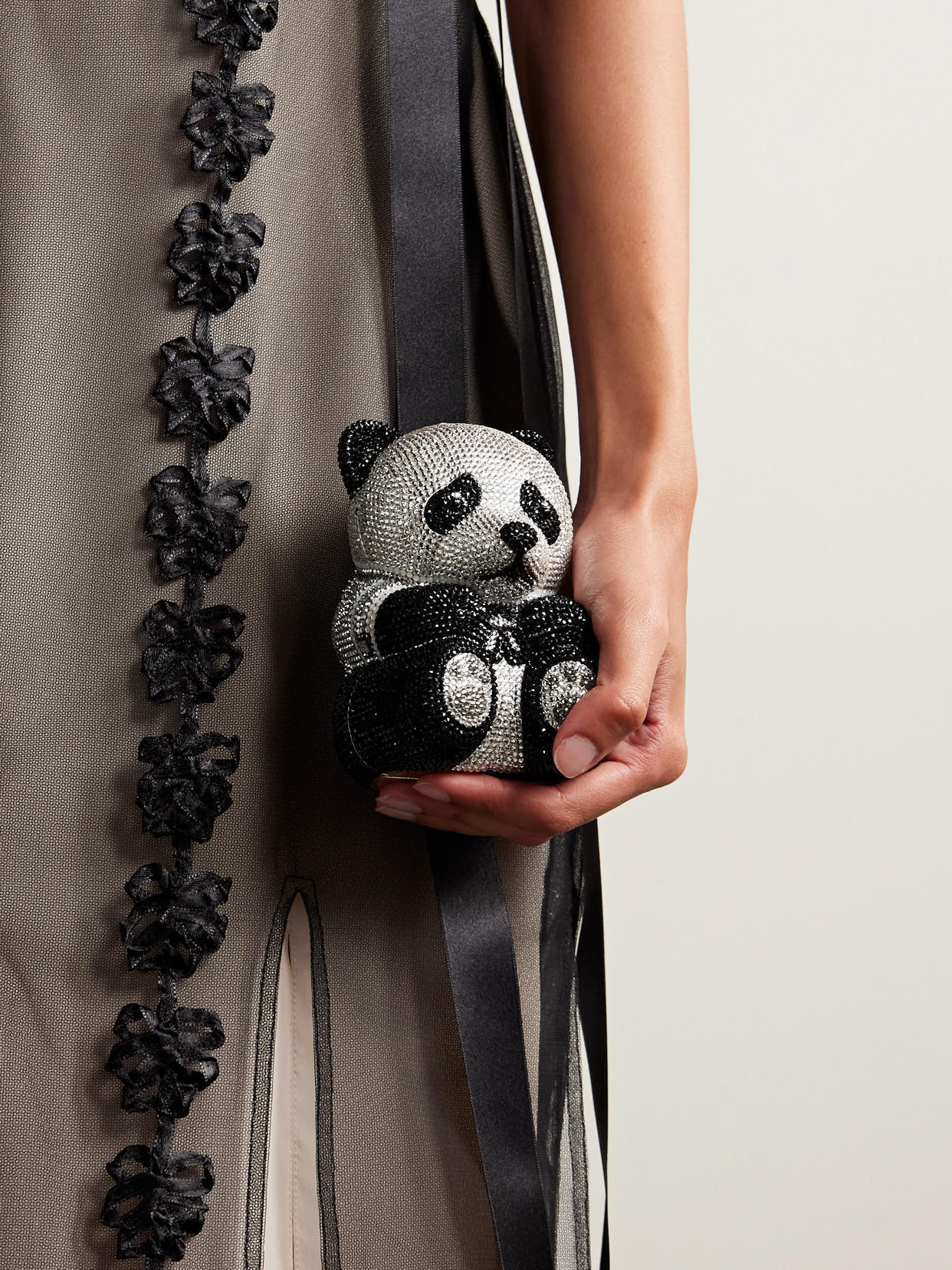 Judith Leiber Teddy Bear Ling Crystal-embellished Silver-tone Clutch In Black