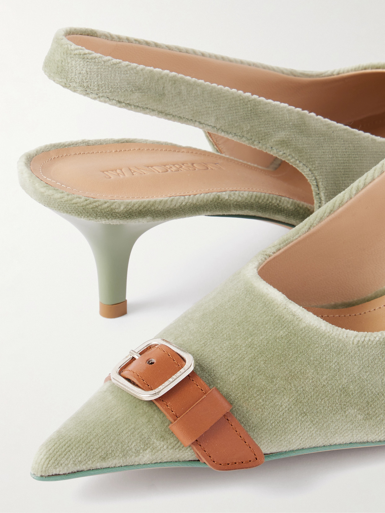 Buckle-Embellished Leather-Trimmed Velvet Slingback