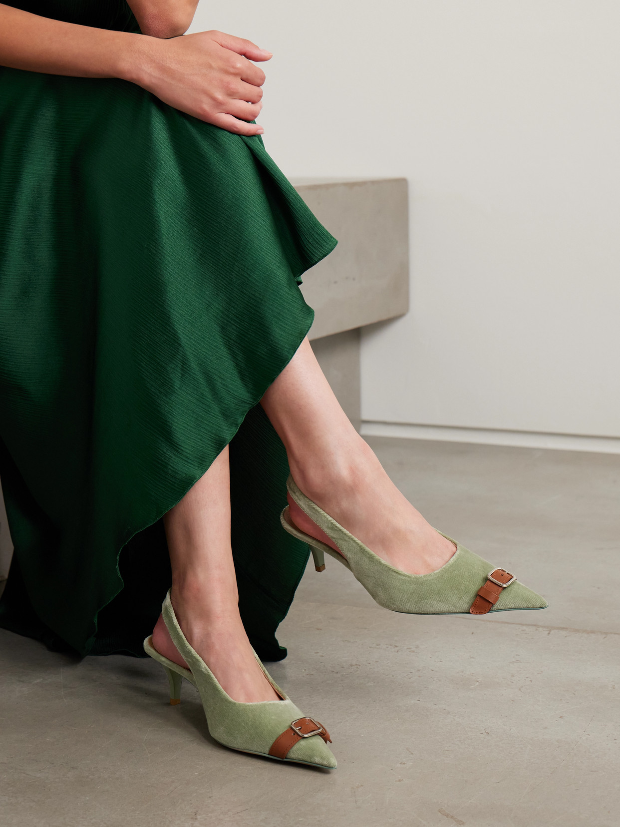 Buckle-Embellished Leather-Trimmed Velvet Slingback