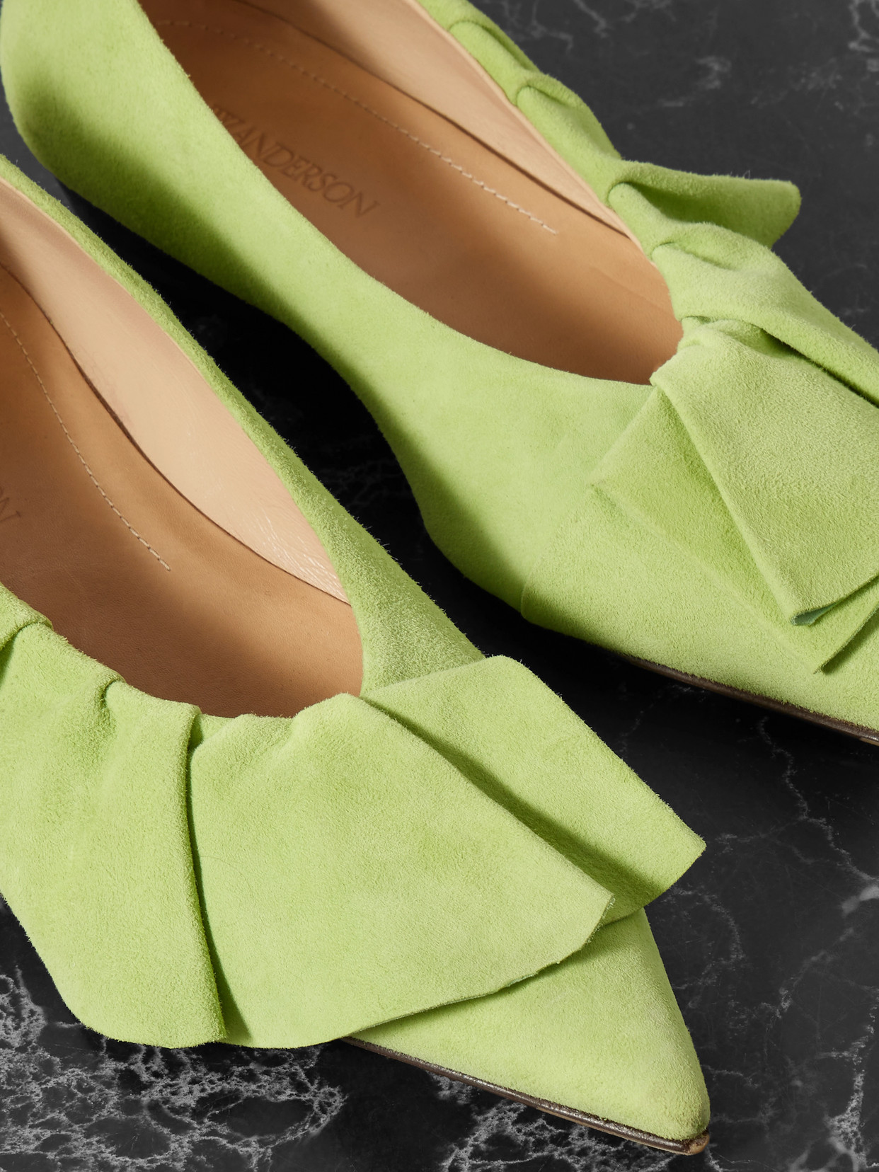 Jw Anderson Ruffled Suede Ballet Flats In Green