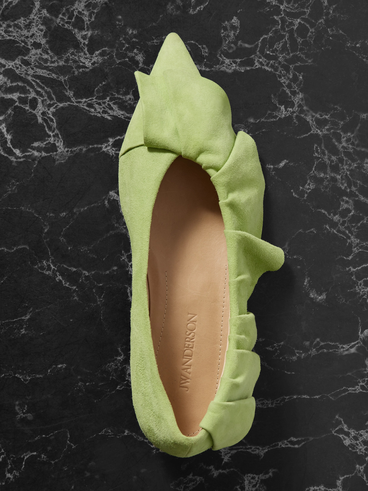Jw Anderson Ruffled Suede Ballet Flats In Green