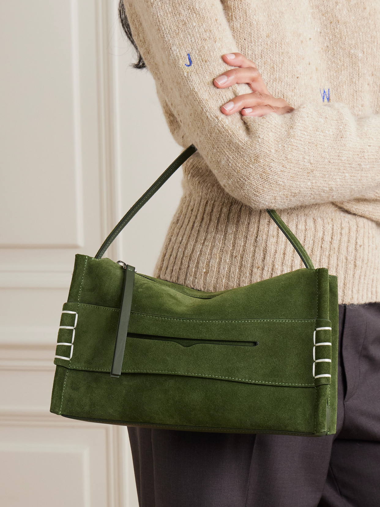 Jw Anderson Loafer Small Suede Shoulder Bag In Green