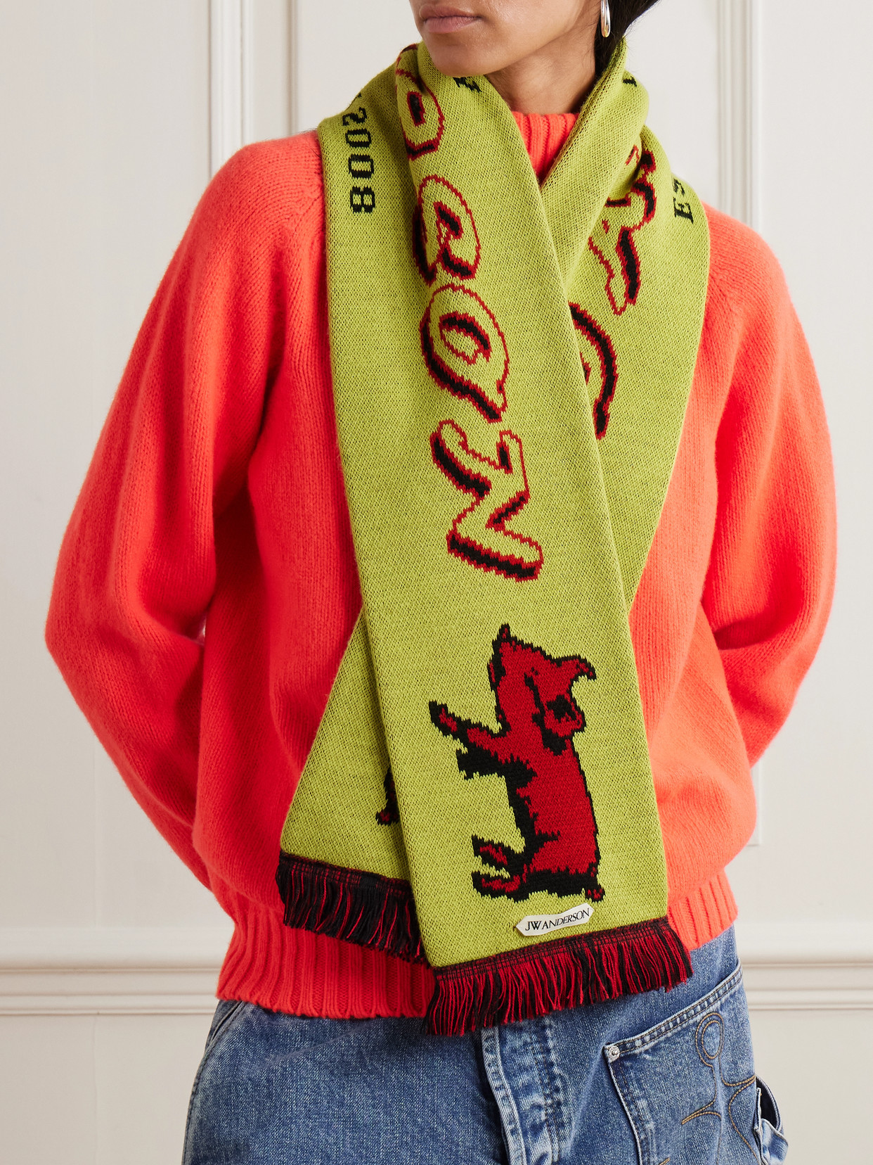 Jw Anderson Fringed Jacquard-knit Scarf In Green