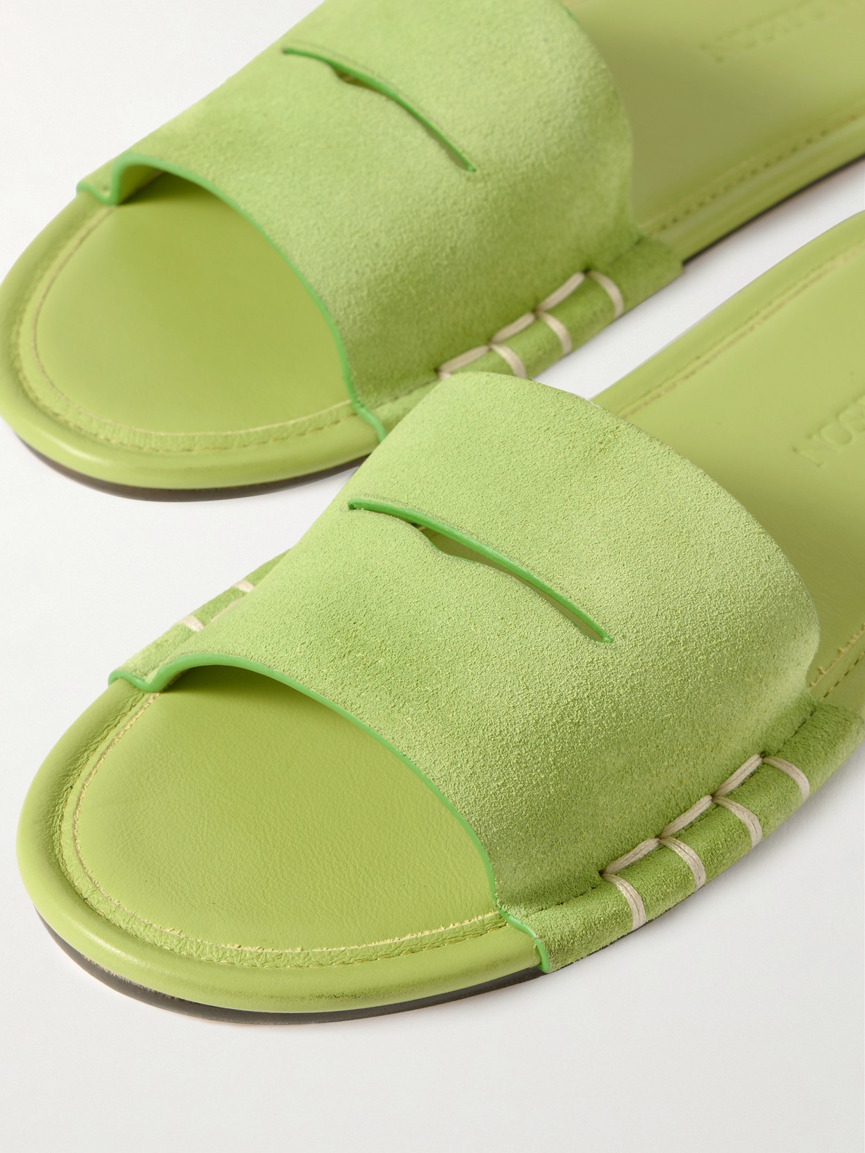 Jw Anderson Loafer Whipstitched Suede Slides In Green
