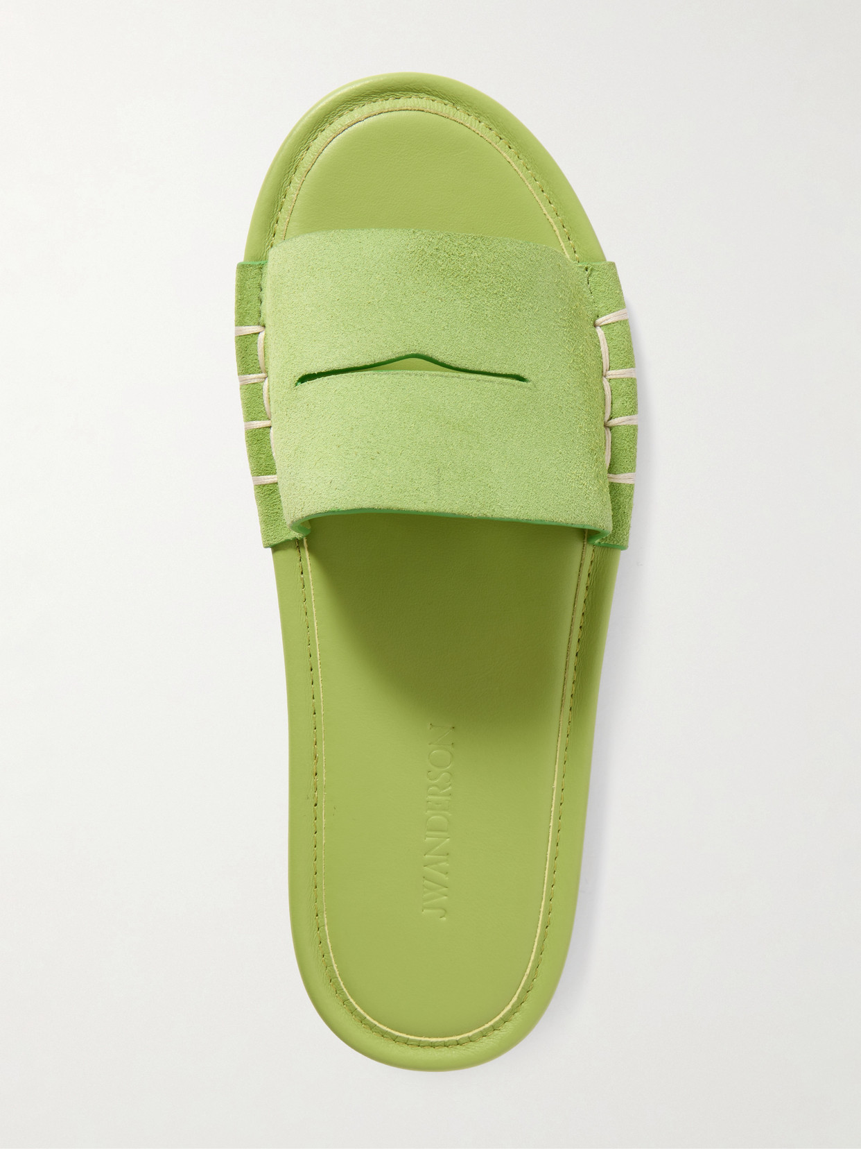 Jw Anderson Loafer Whipstitched Suede Slides In Green