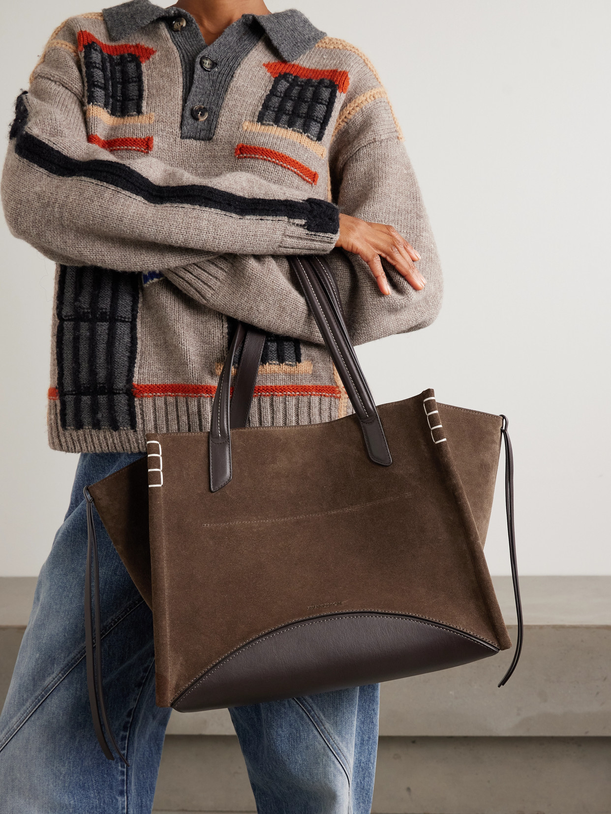 Jw Anderson Loafer Cabas Tasseled Leather-trimmed Suede Shoulder Bag In Multi