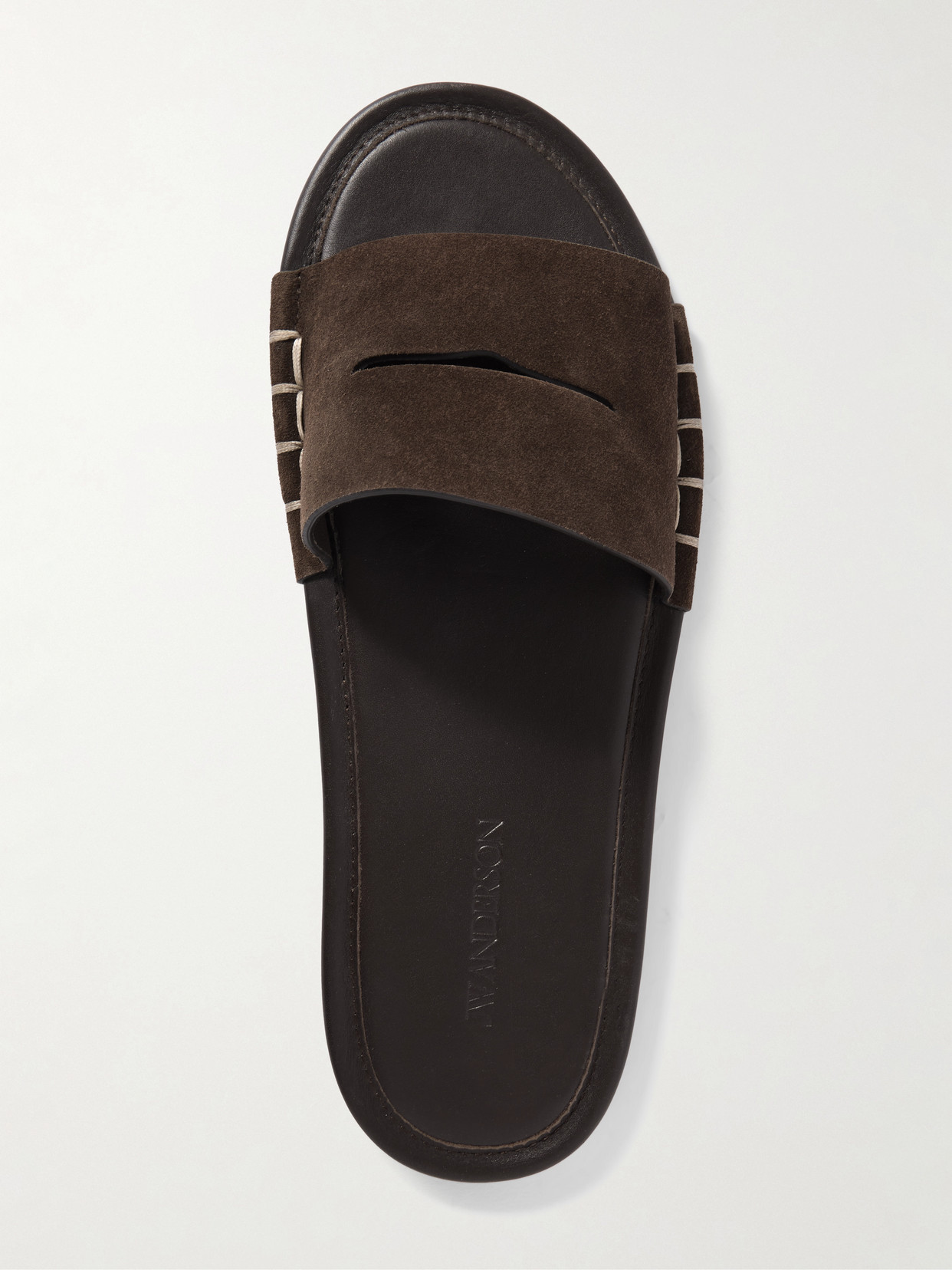 Jw Anderson Loafer Whipstitched Suede Slides In Brown