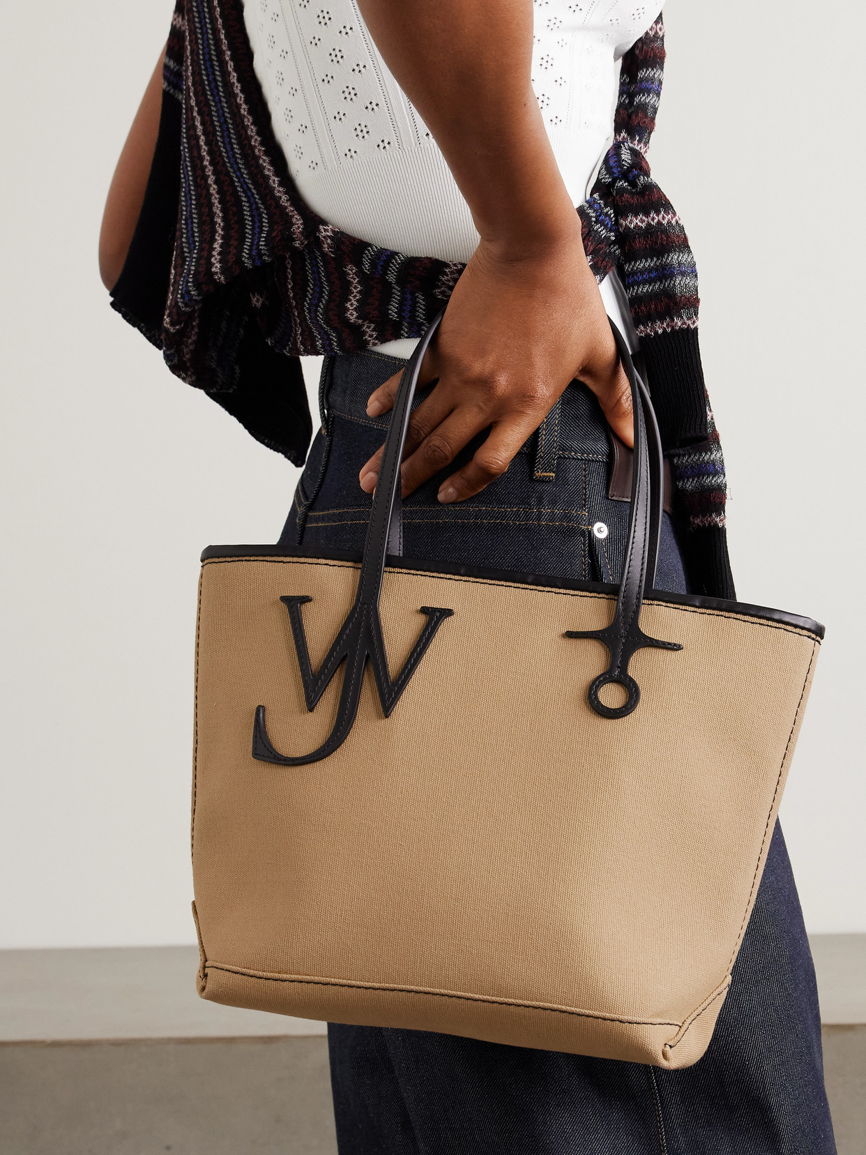 Jw Anderson Anchor Small Leather-trimmed Canvas Tote In Neutral