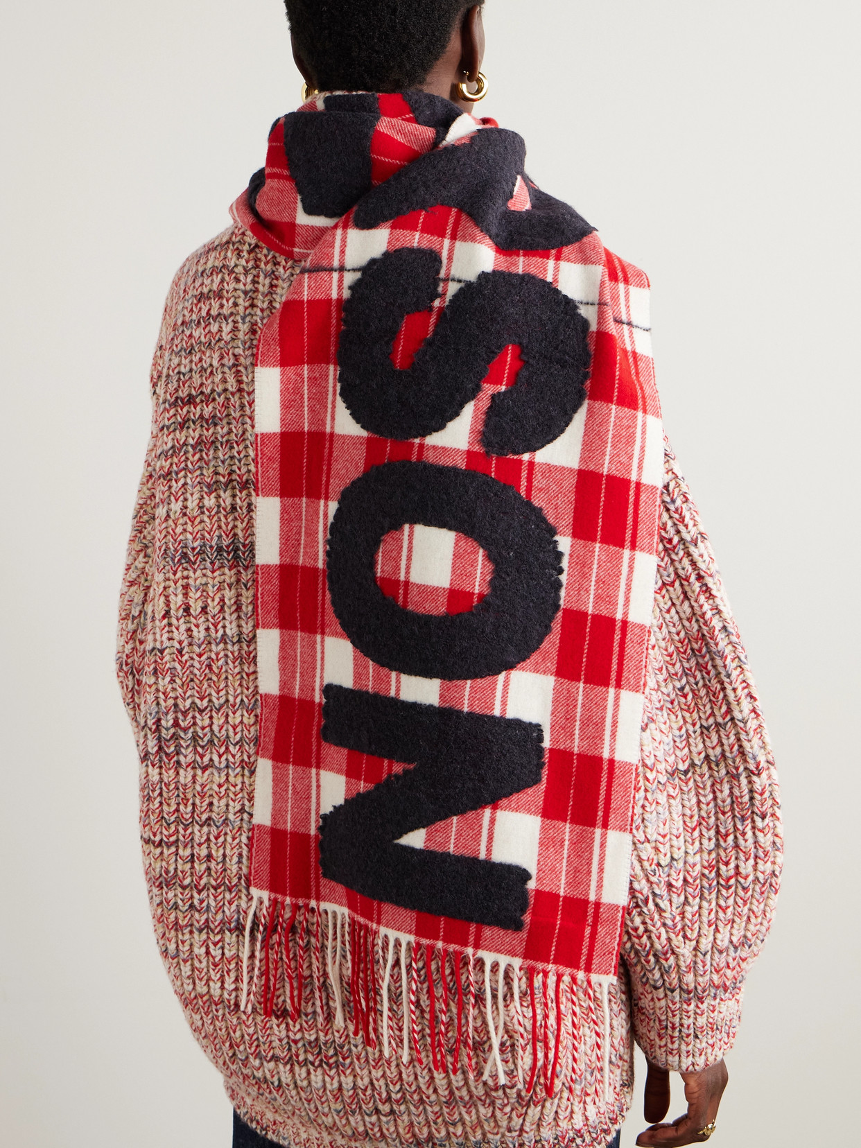 Jw Anderson Fringed Appliquéd Checked Wool-blend Scarf In Multi