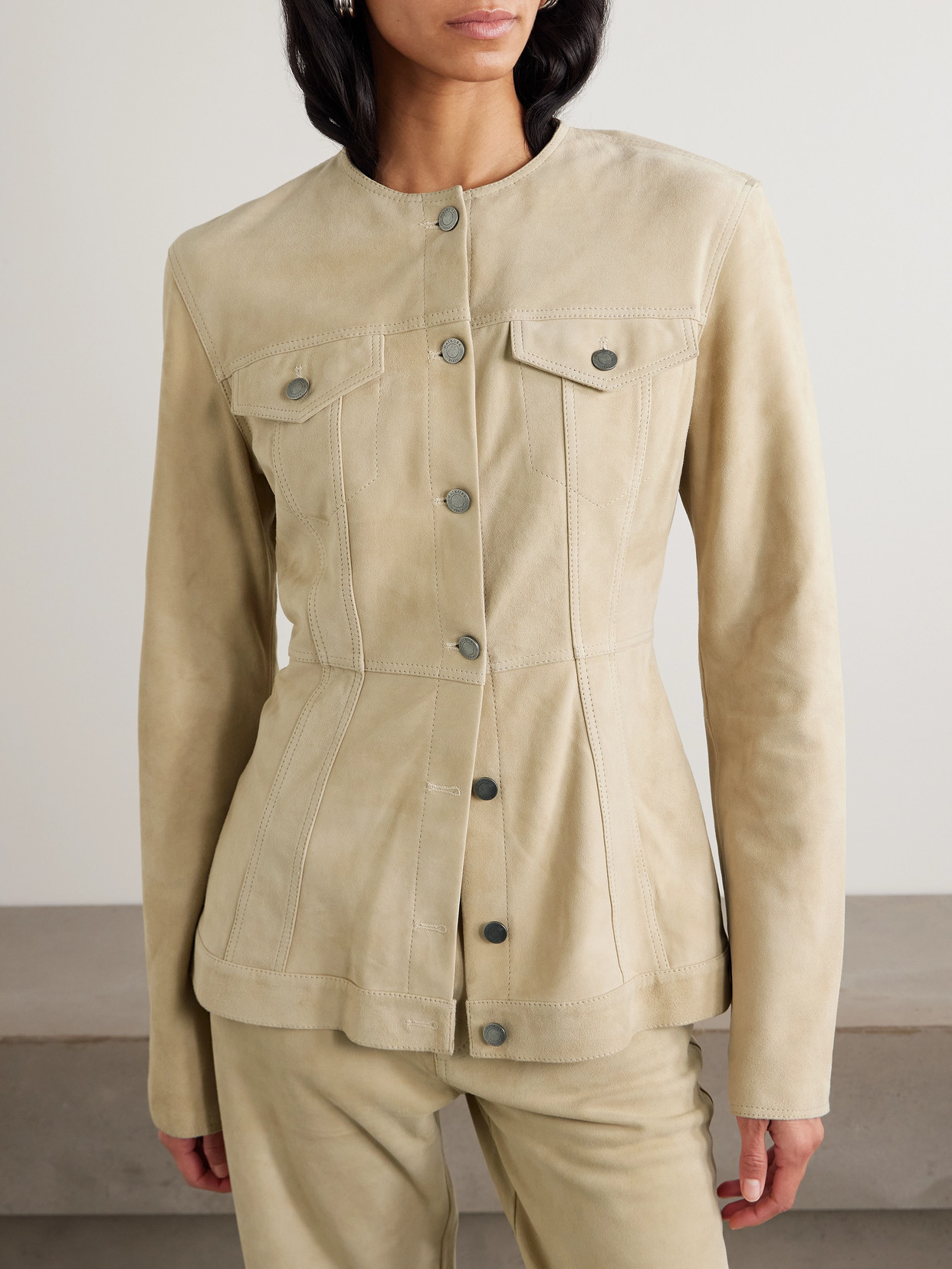 Haikure Temple Paneled Suede Jacket In Neutral