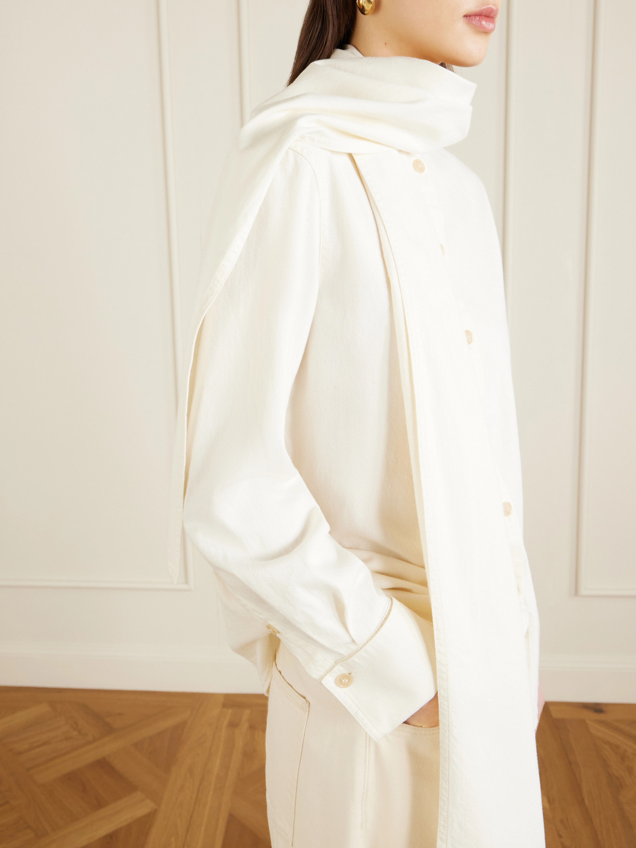 Pussy-Bow Cotton-Chambray Blouse