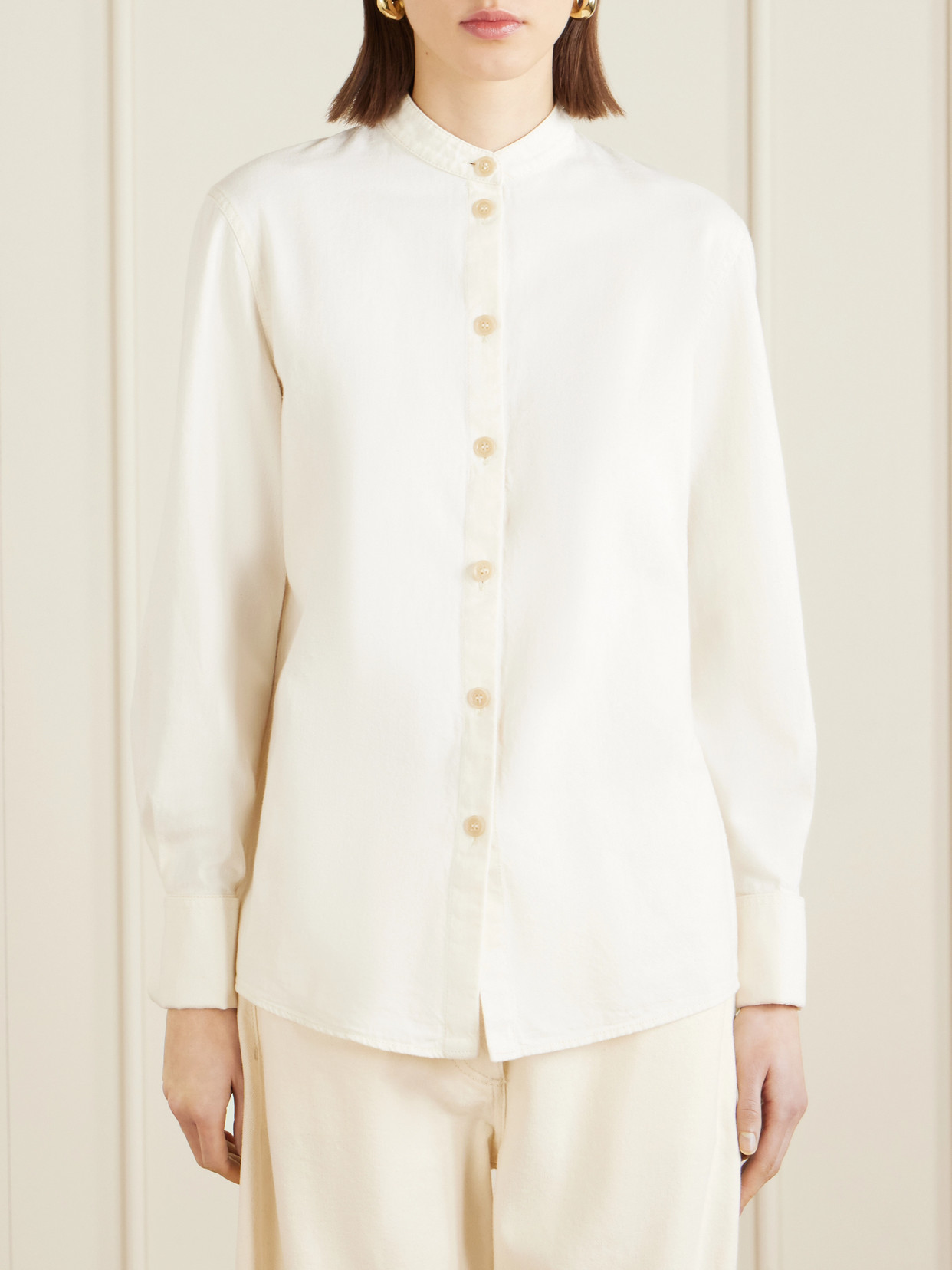 Pussy-Bow Cotton-Chambray Blouse