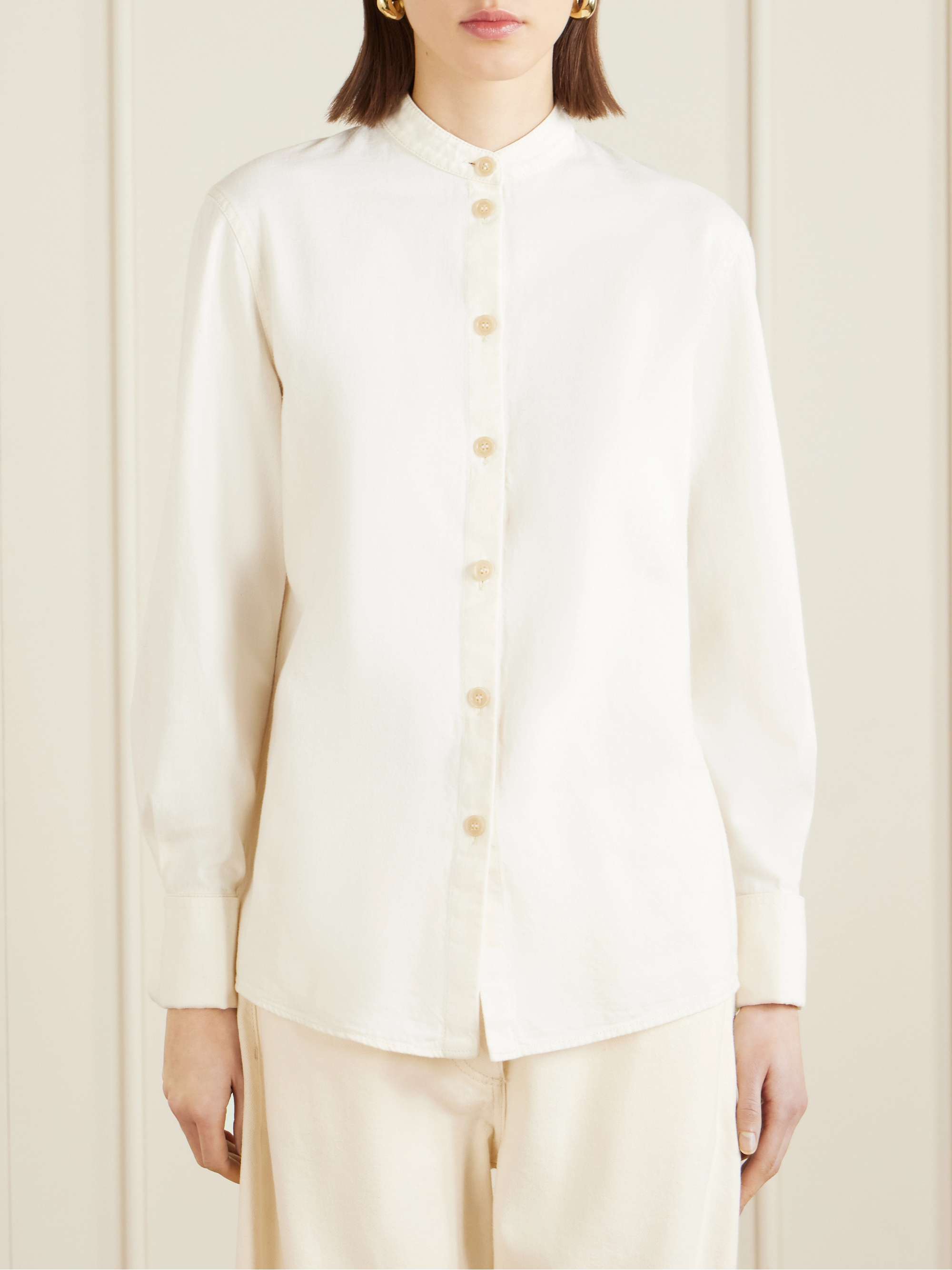 ANOTHER TOMORROW Pussy-bow cotton-chambray blouse | NET-A-PORTER
