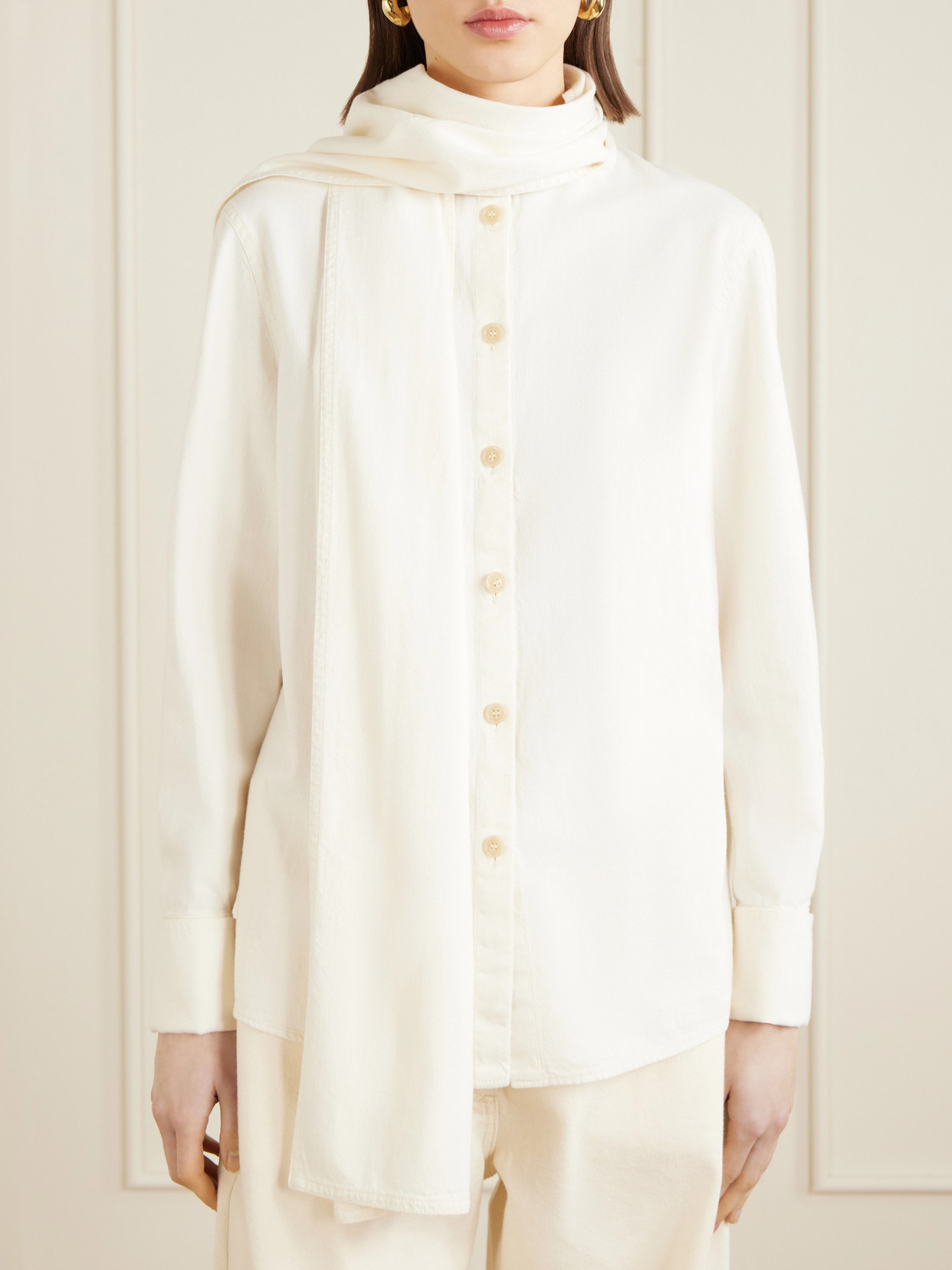 Pussy-Bow Cotton-Chambray Blouse