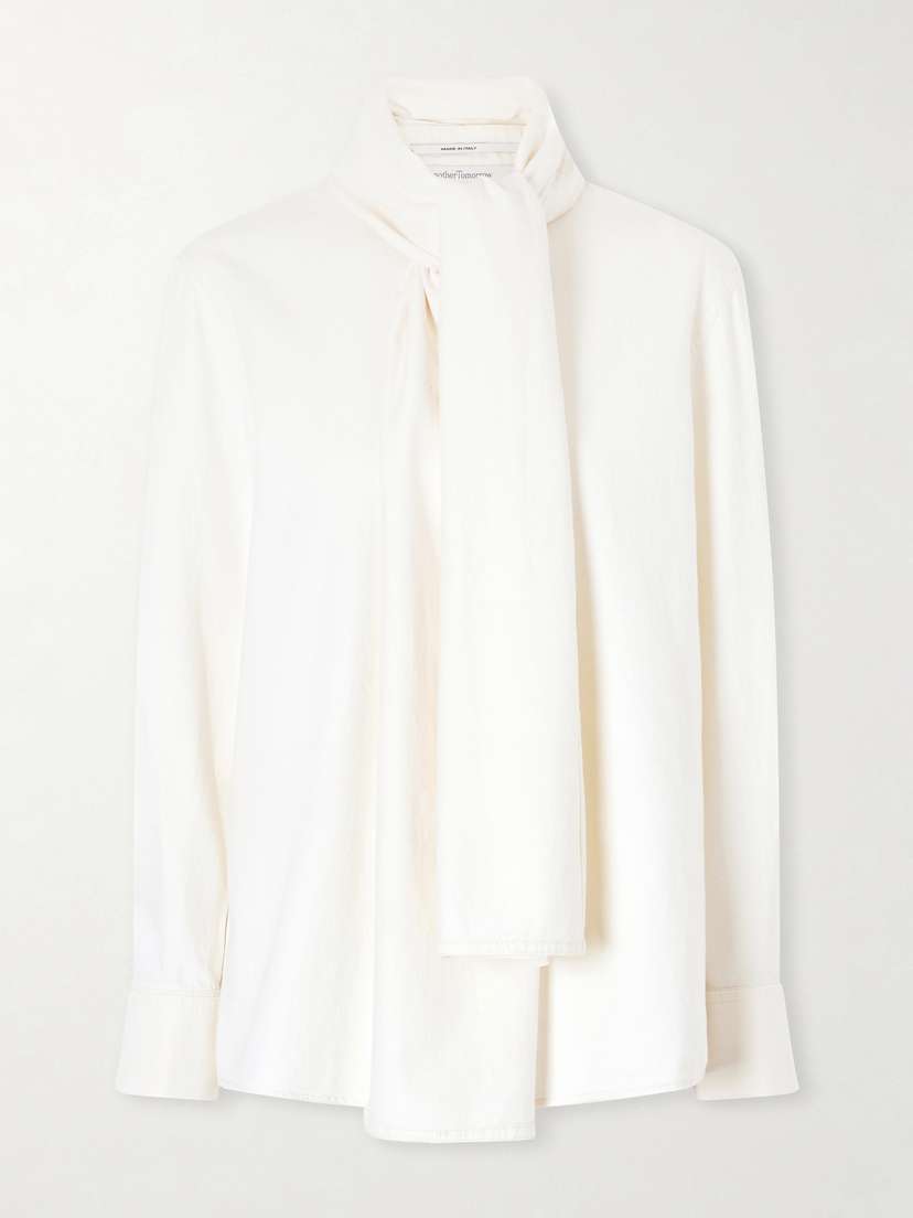 Another Tomorrow Pussy-bow Cotton-chambray Blouse