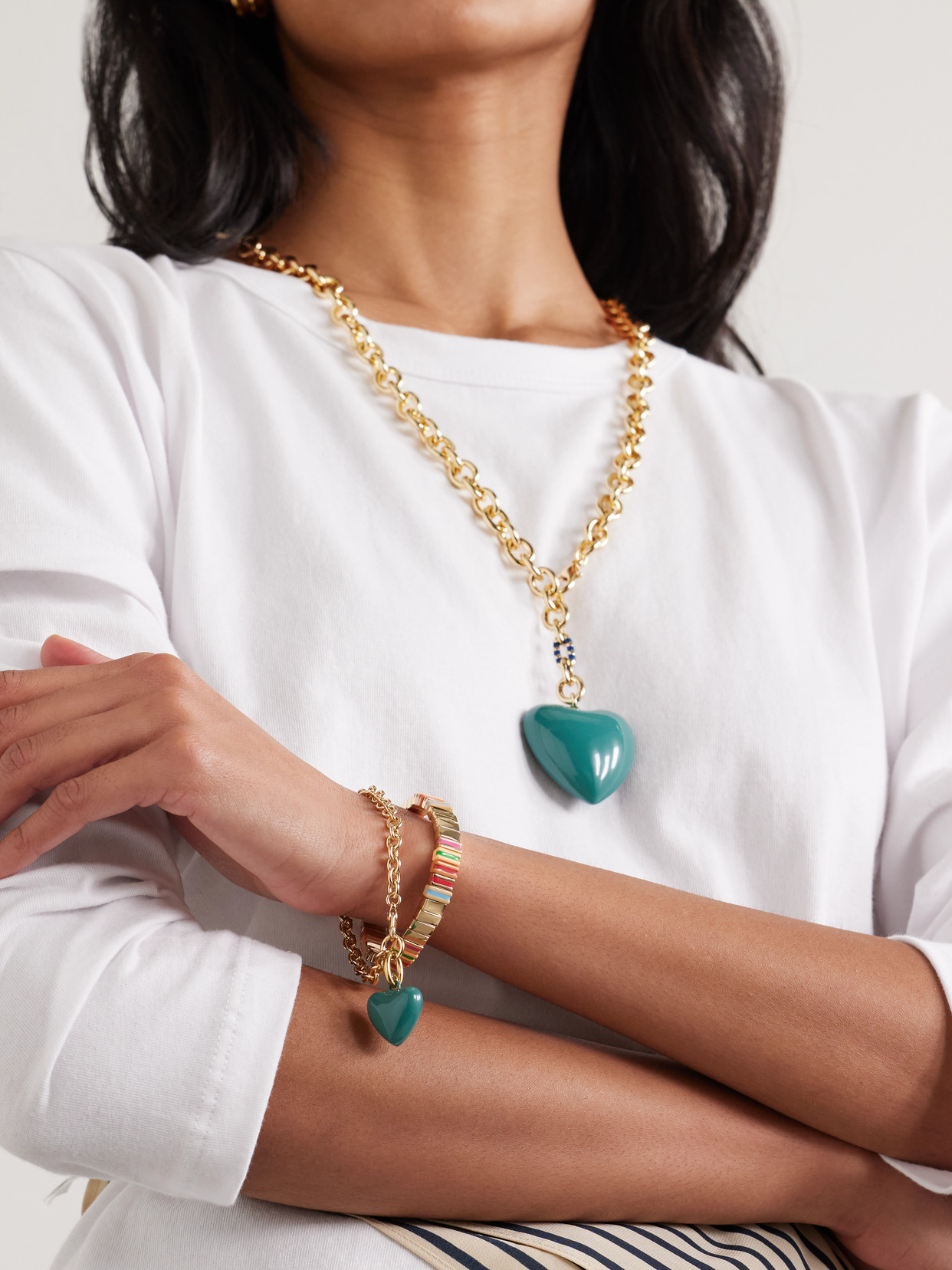 Roxanne Assoulin The Mini Puffy Heart Gold-tone And Enamel Bracelet In Green