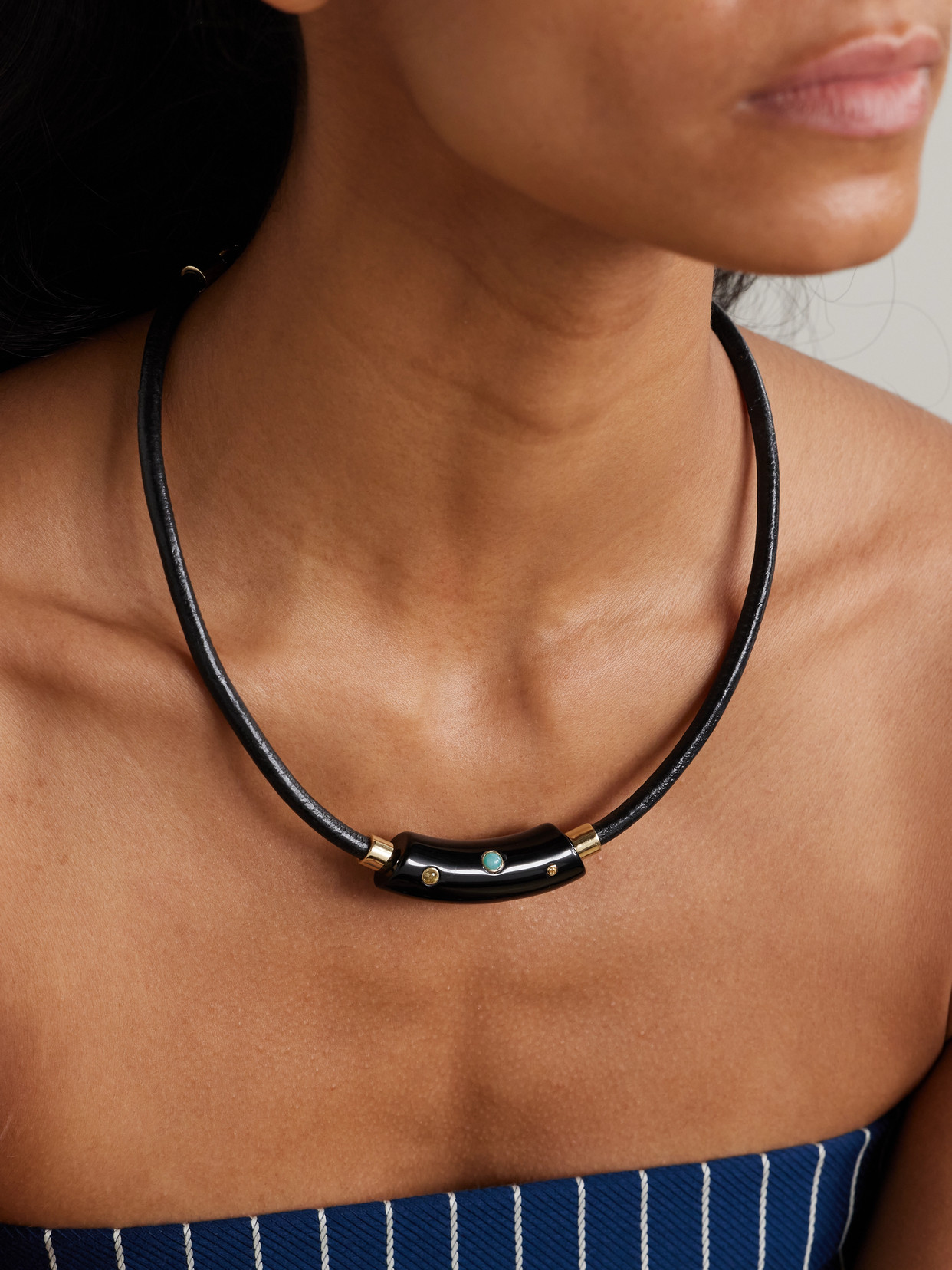 Lizzie Fortunato Cabera Gold-plated, Leather, Resin And Multi-stone Choker In Black