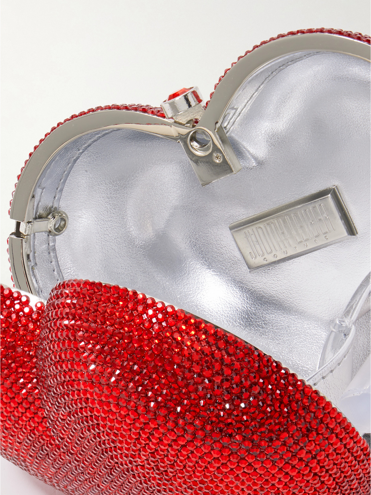 Judith Leiber Petit Coeur Crystal-embellished Silver-tone Clutch In Red