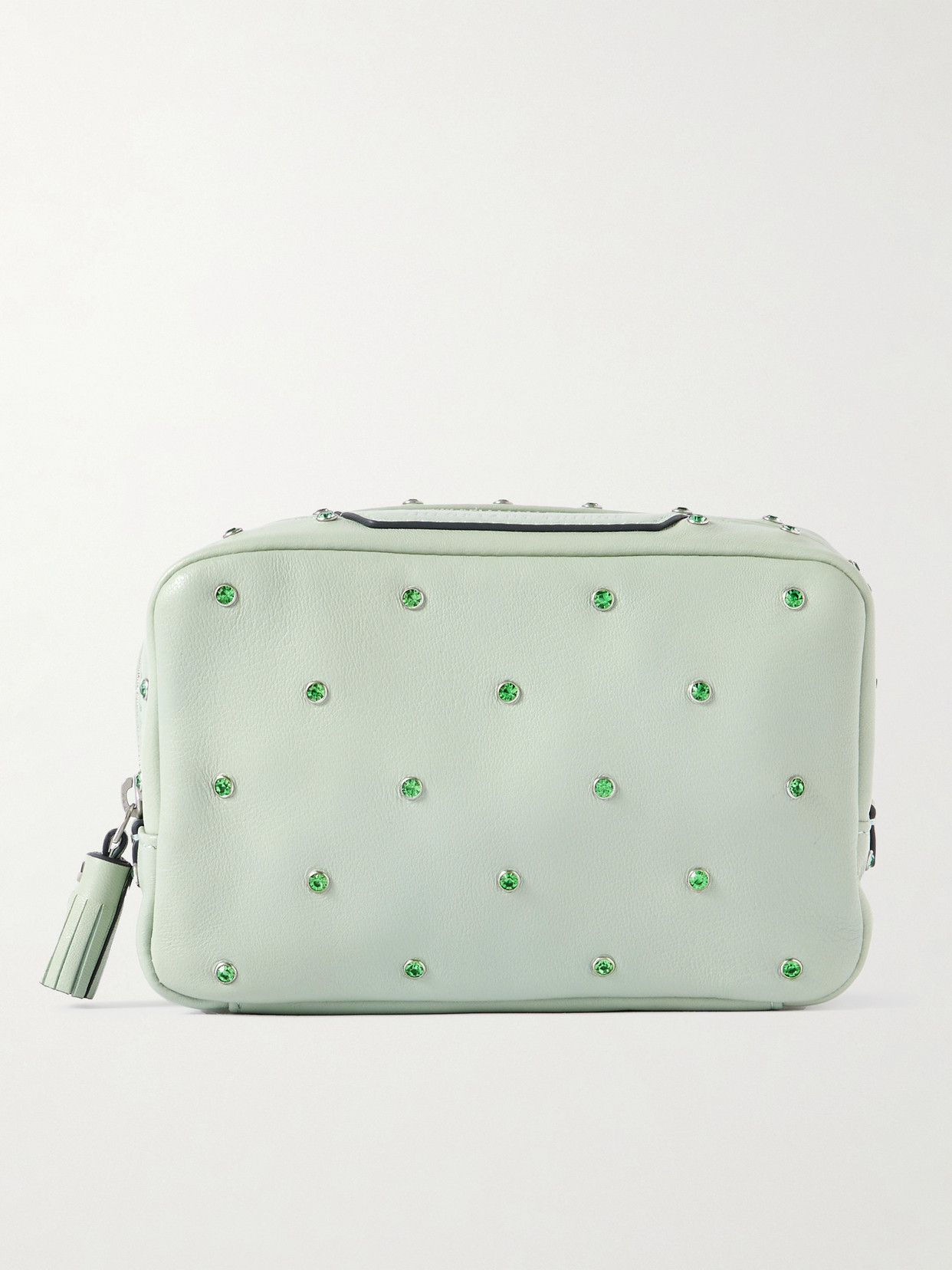 Anya Hindmarch Important Things Tasseled Crystal-embellished Leather Cosmetics Case In Green