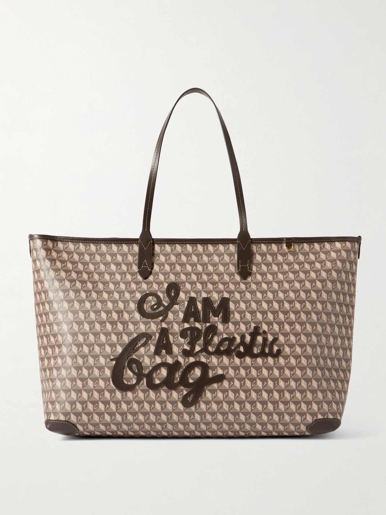 Anya Hindmarch I Am A Plastic Bag Leather-trimmed Coated-canvas Tote In Brown