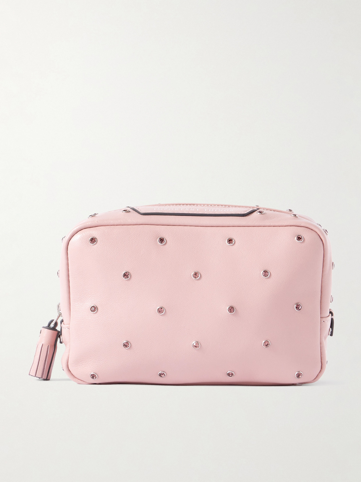 Anya Hindmarch Important Things Tasseled Crystal-embellished Leather Cosmetics Case In Pink