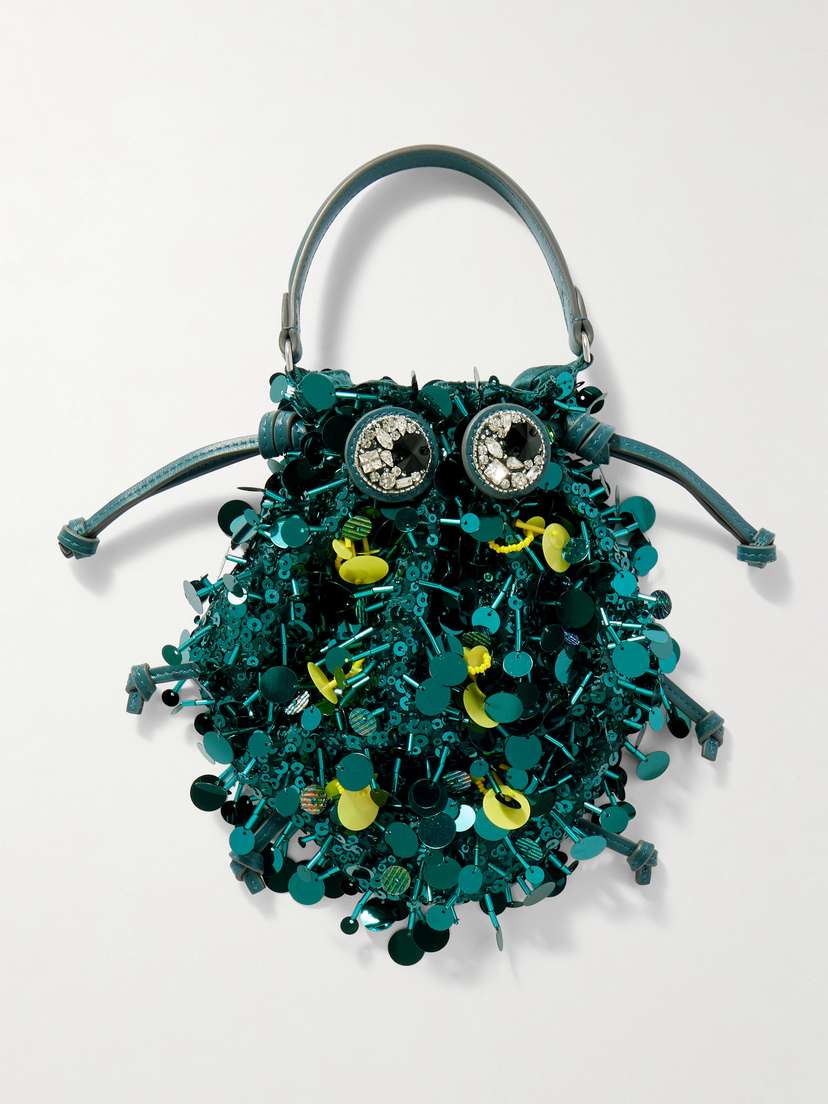 Anya Hindmarch Beetle Embellished Leather-trimmed Clutch