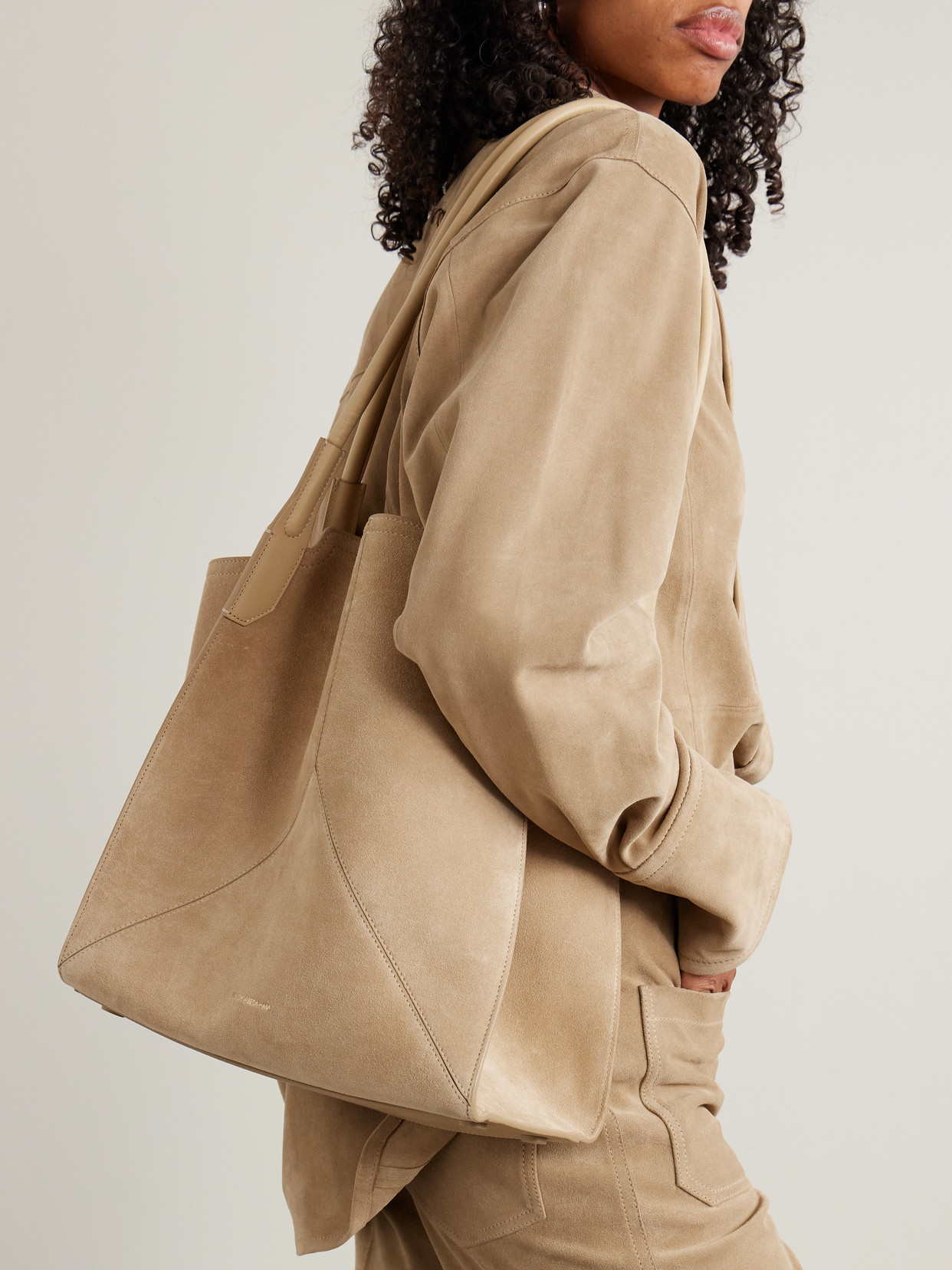 Victoria Beckham The Victoria Soft Mini Leather-trimmed Suede Tote In Neutral