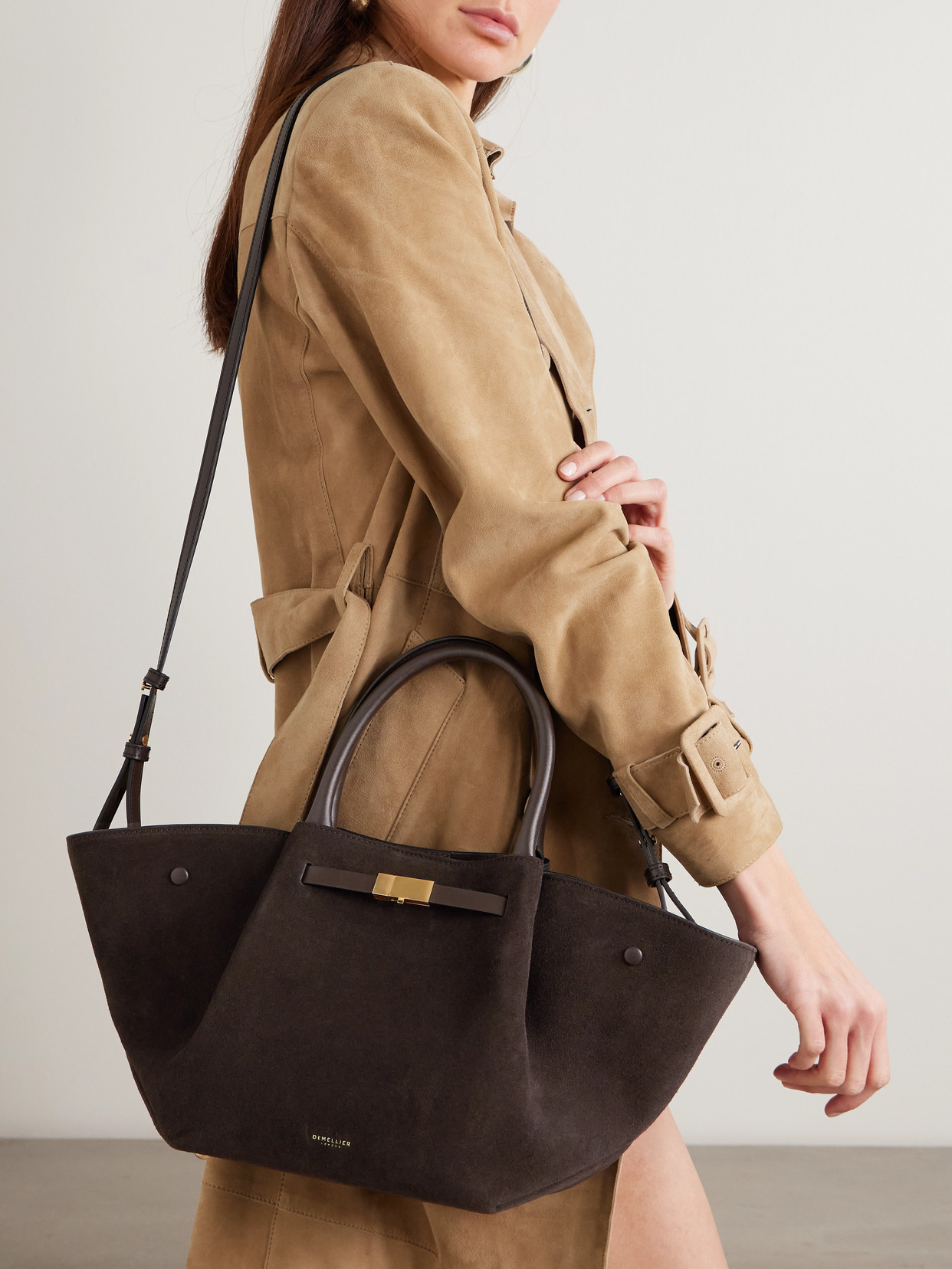 The New York Midi Leather-Trimmed Suede Tote