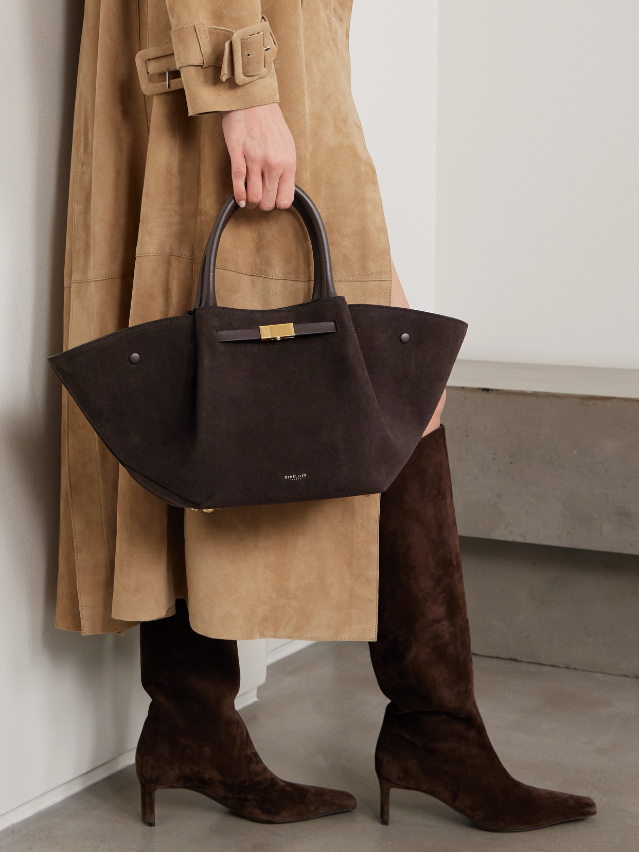The New York Midi Leather-Trimmed Suede Tote