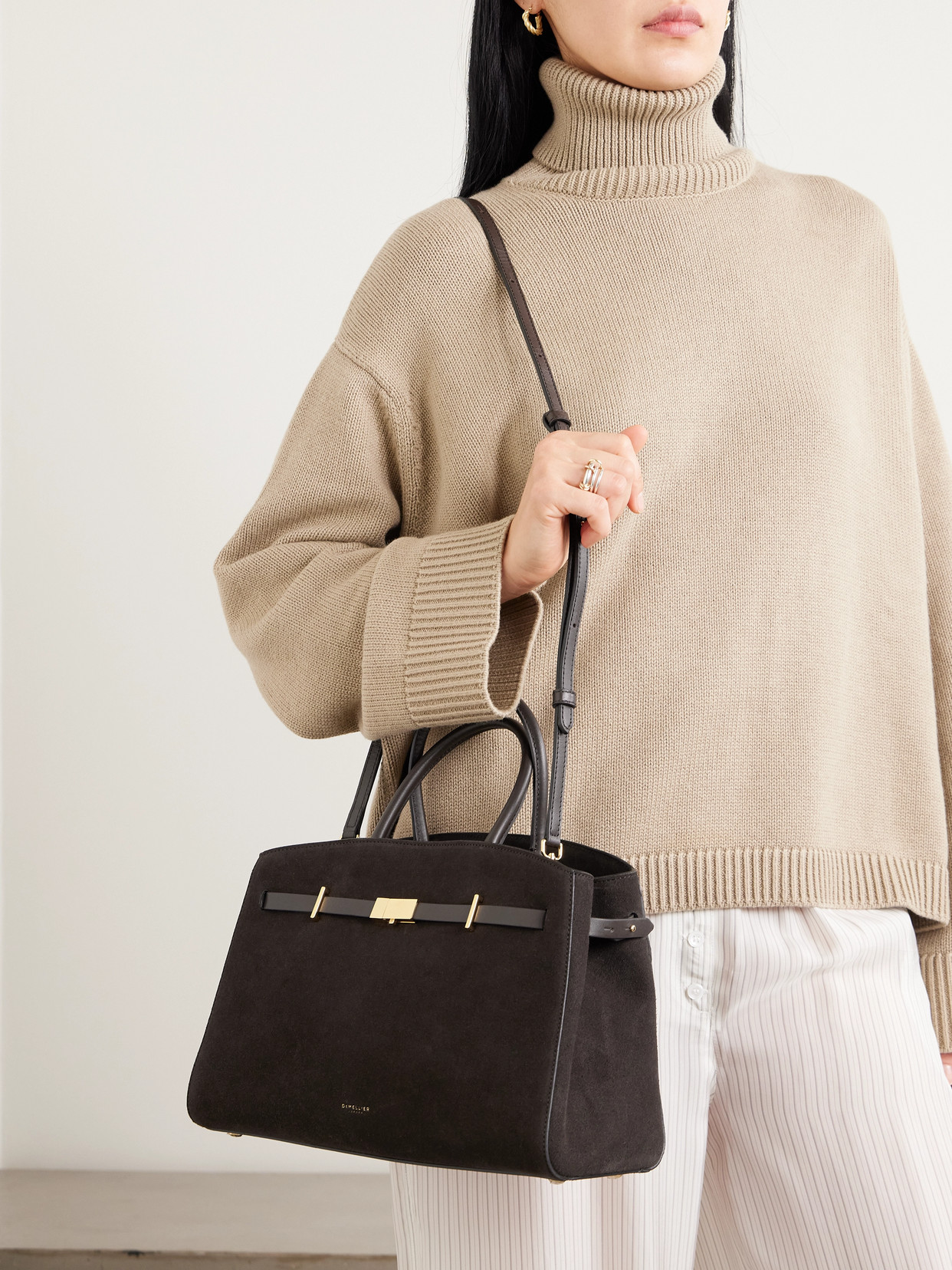 The Hudson Midi Leather-Trimmed Suede Tote