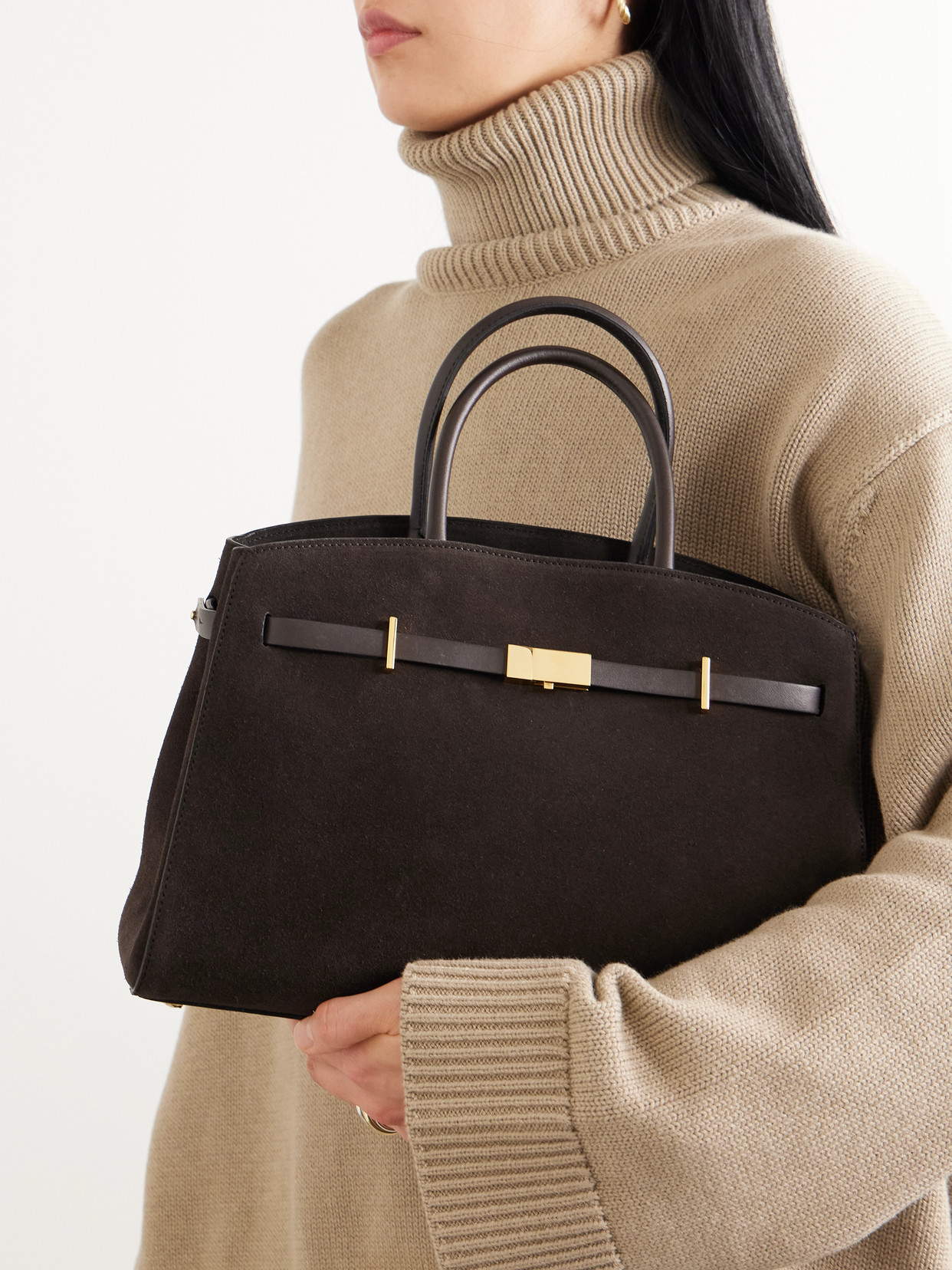 The Hudson Midi Leather-Trimmed Suede Tote