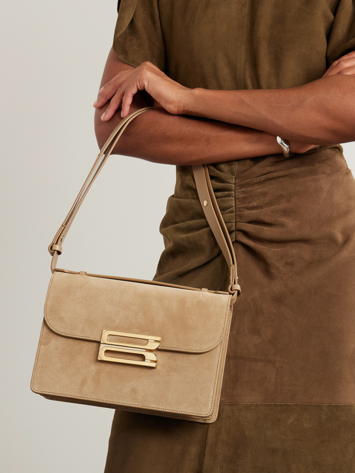 Victoria Beckham The Dorian Leather-trimmed Suede Shoulder Bag In Neutral